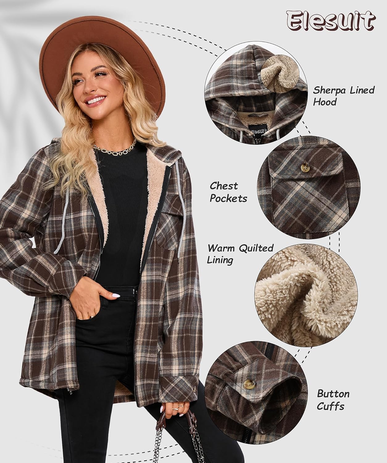 Elesuit Women's Full Zip Fleece Flannel Jacket Plaid Hooded Jackets Sherpa Lind Hoodies for Women - Image 6