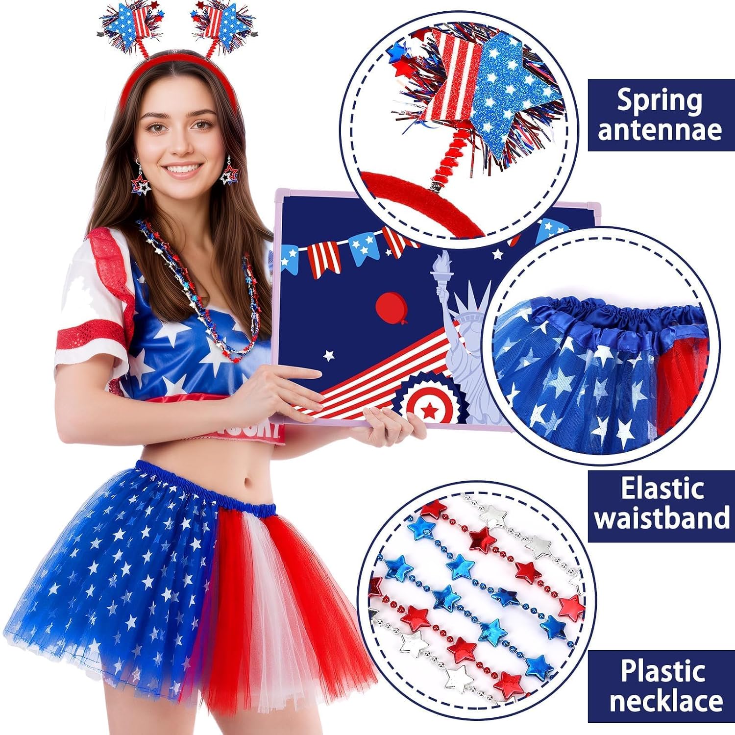 NOVWANG 4th of July Tutu for Women Red White and Blue Patriotic Accessories | Patriotic Outfit for Women, Elastic Waist Fit, with Headband Earrings Necklaces, for Veterans Day 80s Halloween Party Costume