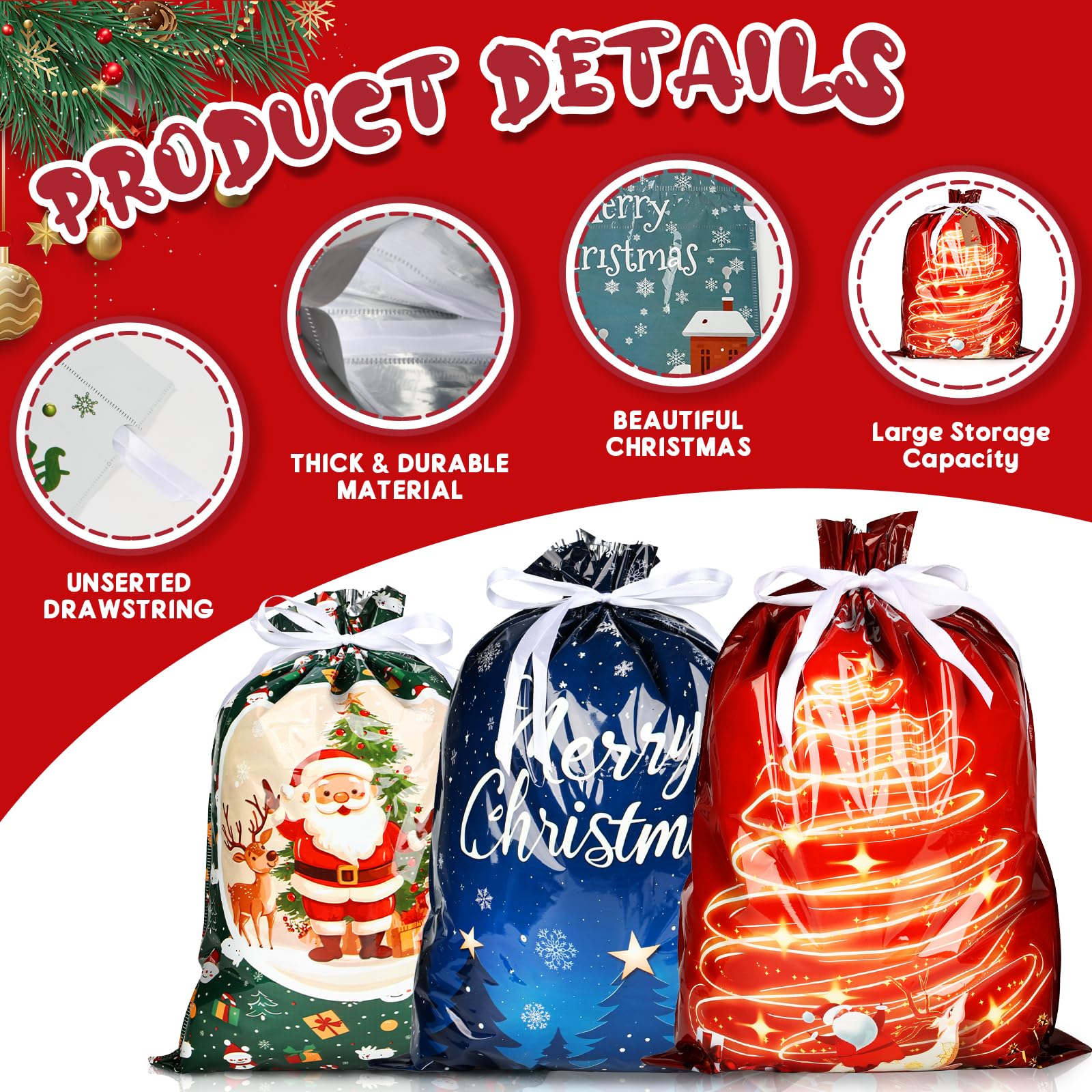 Lot de 40 sacs cadeaux de Noël avec poignées pour emballage de cadeaux de Noël