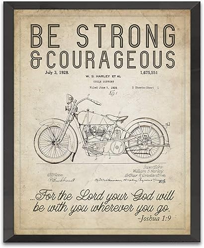 Letrero artístico con texto en inglés Be Strong and Courageous Joshua 19 con versículo bíblico de patente sin marco, patente de motocicleta Harley