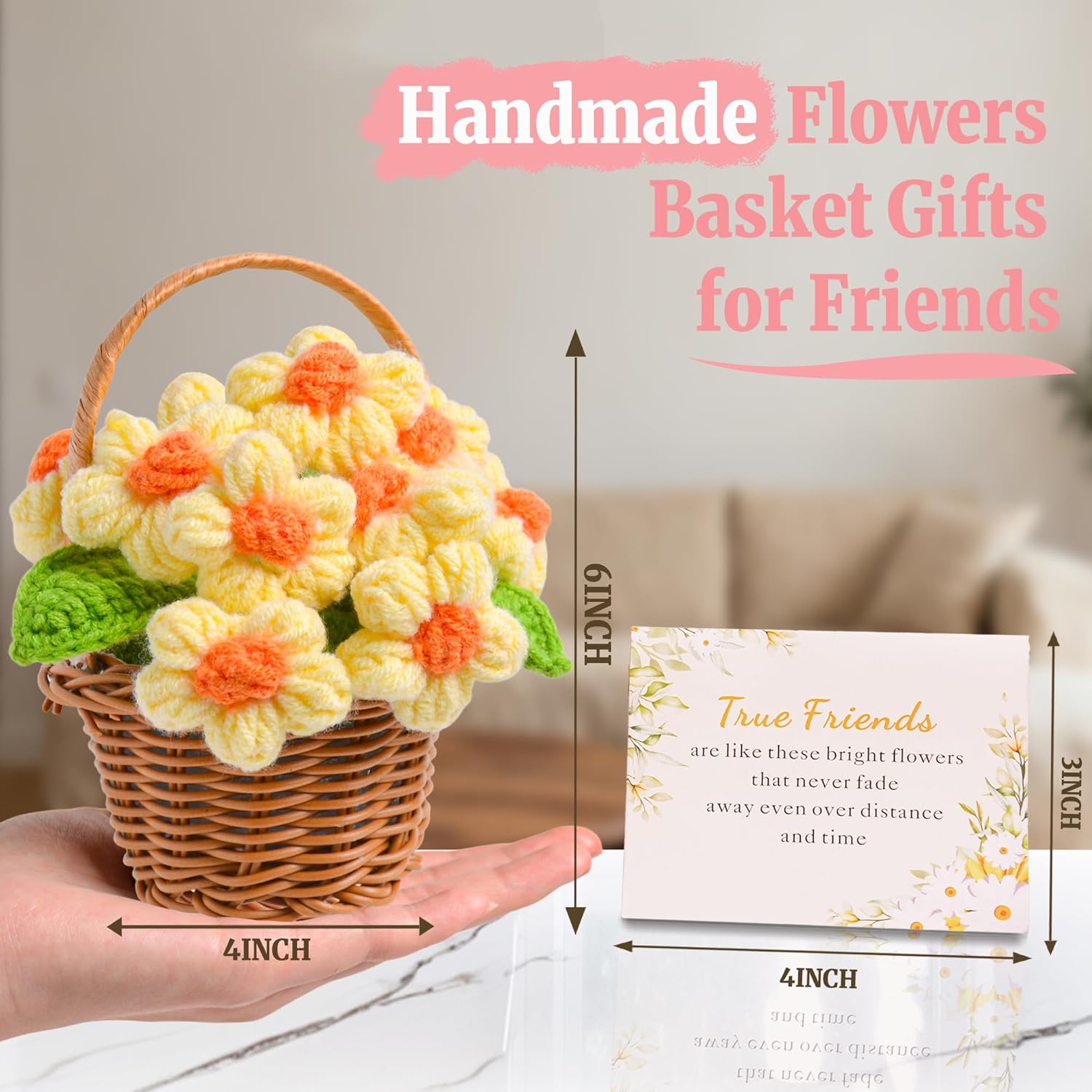 Easter Basket Stuffers Best Friend Birthday Crochet Flowers for Women Friends Long Distance Moving Away Leaving Farewell Gift Handmade Flower Decor with Basket Bestie Sister Coworker Friendship - Image 6