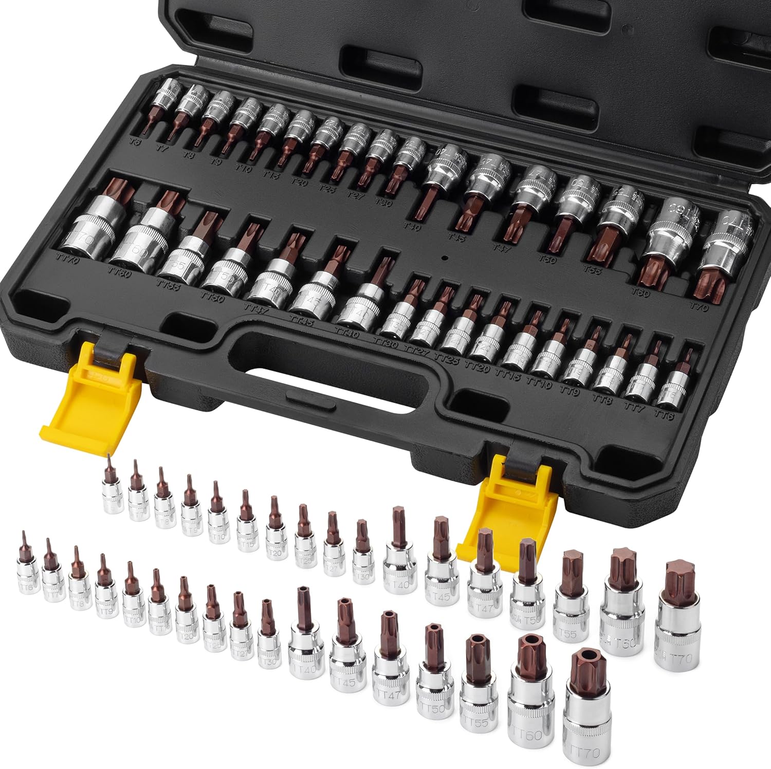 Bates Choice Torx Bit Socket Set, 34 pcs Set with Case, T6-T70, 1/4″, 1/2″ & 3/8″ Drive, Solid and Tamper Proof Star Bit Socket Set