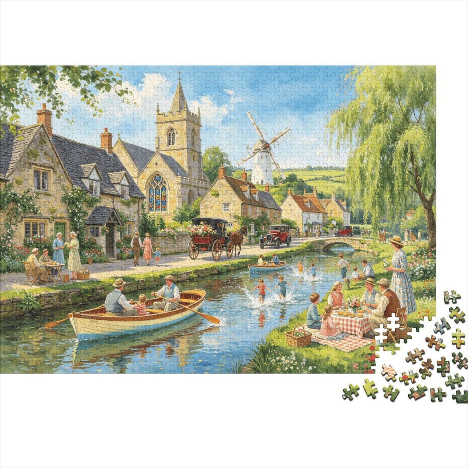 English Village 1000 Piece Jigsaw Puzzle Recycled Paper British Countryside Puzzles for Elderly Fun And Challenging Family Game Perfect for Holiday Blessings 52x38cm/1000pcs