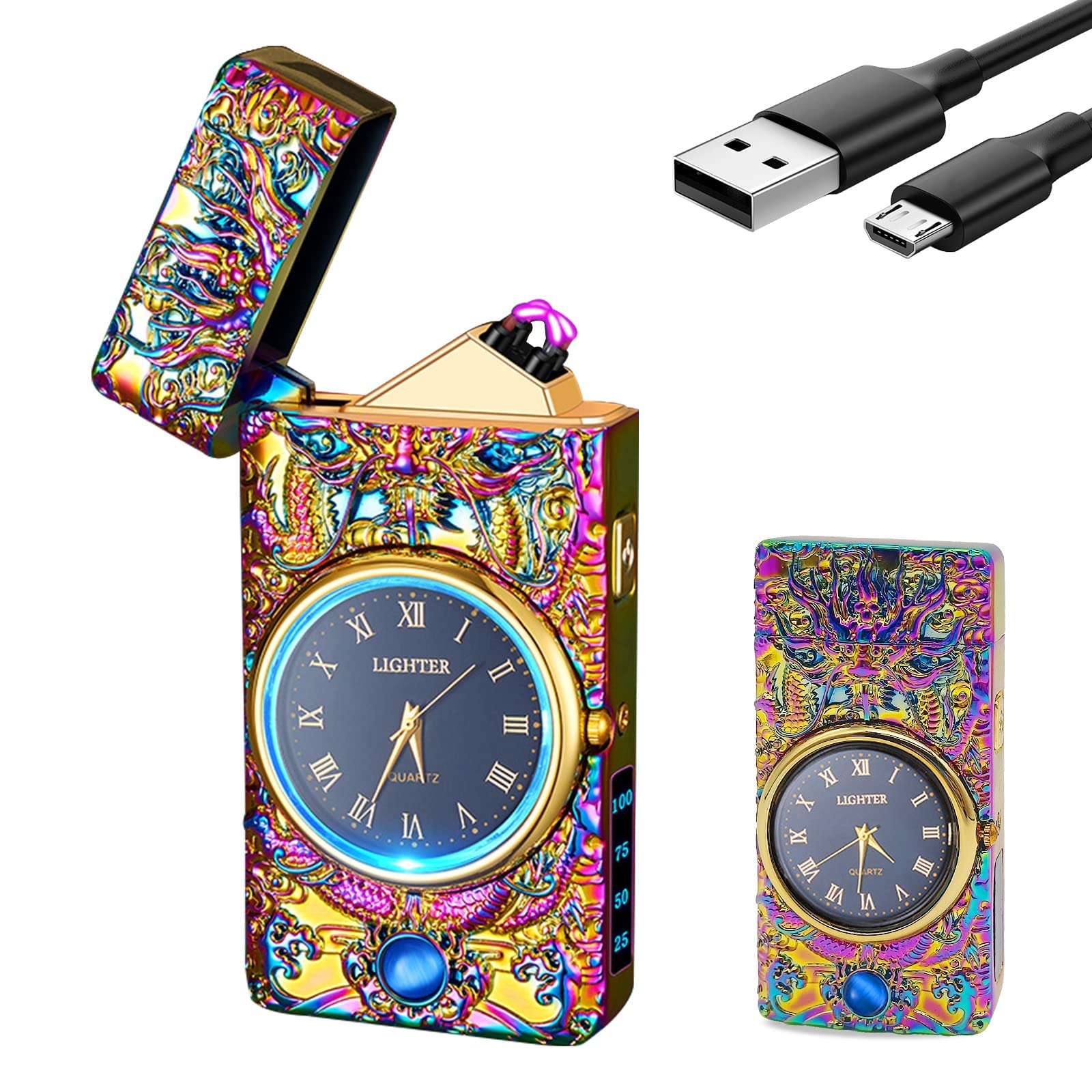 GADATOP Dragon Briquet électrique à arc plasma coupe-vent sans flamme rechargeable par USB avec cadran de montre véritable et éclairage LED (coloré)