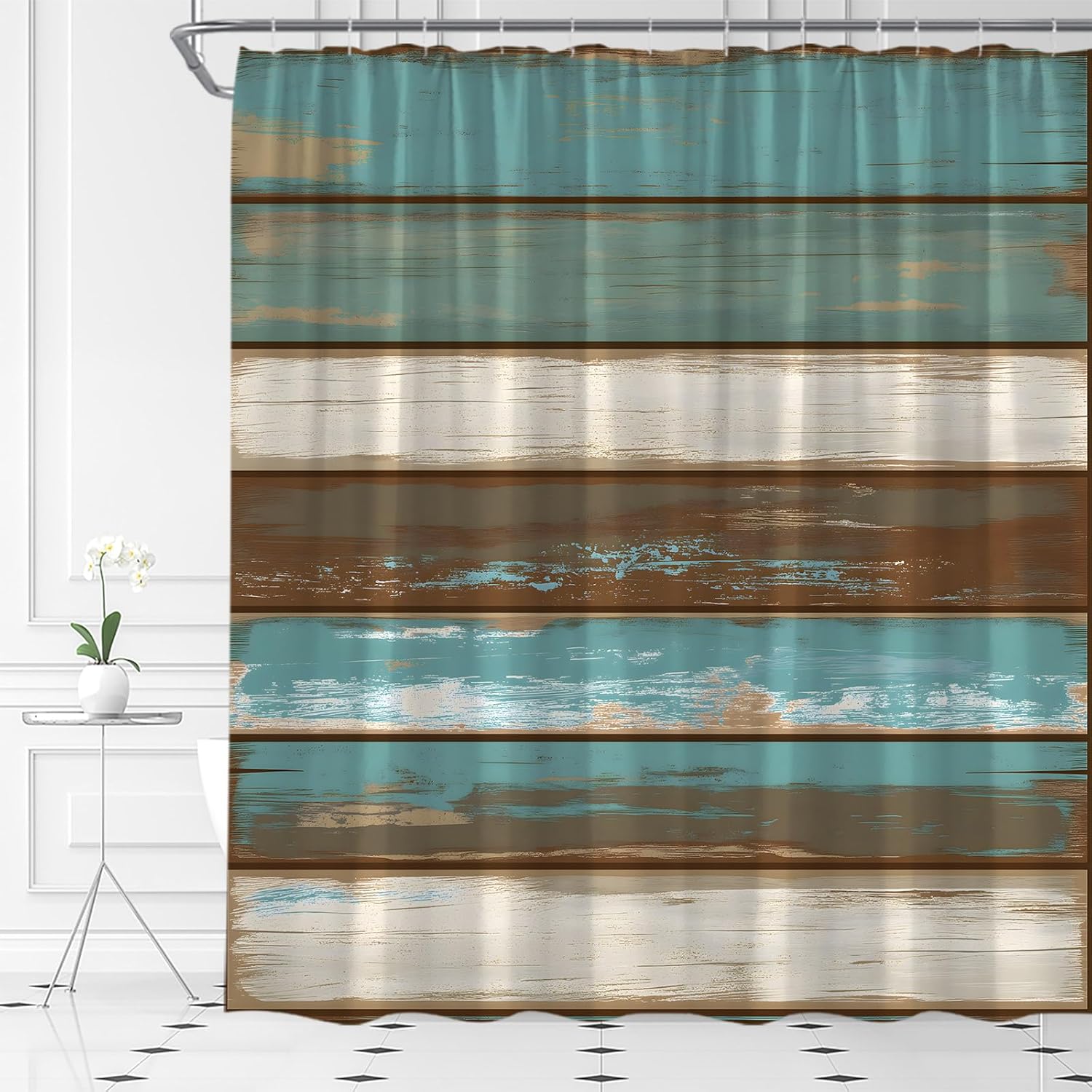 Rustic Wooden Board Shower Curtain Farmhouse Barn Door Brown Blue Teal Country Life Theme Grunge Planks Fabric Bathroom Decor Set with Hooks,(84" Wx70 H)