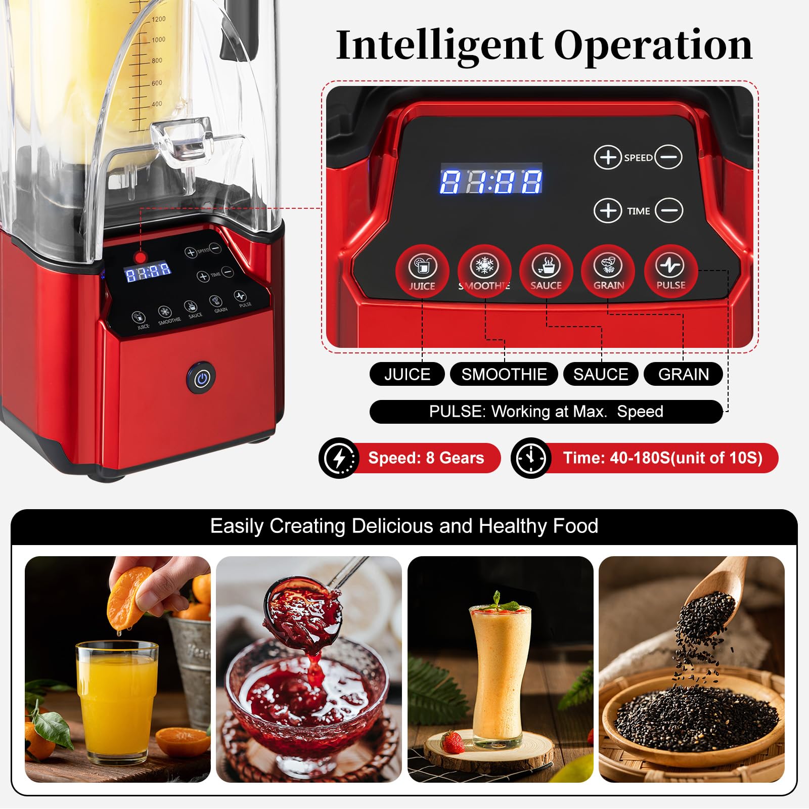 Smoothie Blender, 2.2L Automatic Smoothie Mixer, 2200W Electric Blender Countertop Drink Maker Machine for Commercial Bar Kitchen, Touch Buttons, Speed 18000-26000RPM