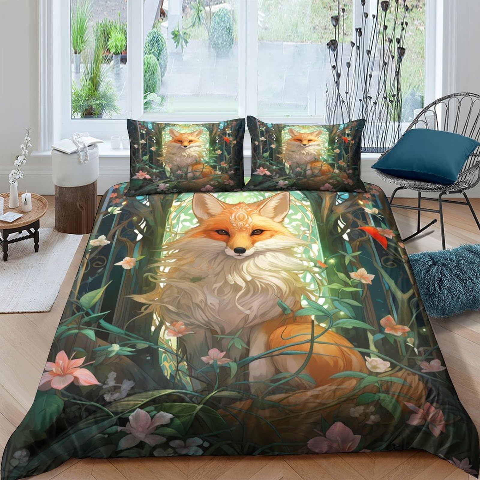 GPLZQXKJNH 3D Printed Forest Fox Duvet Cover Set Microfiber Soft Breathable Woodland Animal Bedding Set with 2 Pillowcases for Bedroom Decor Single（135x200cm）