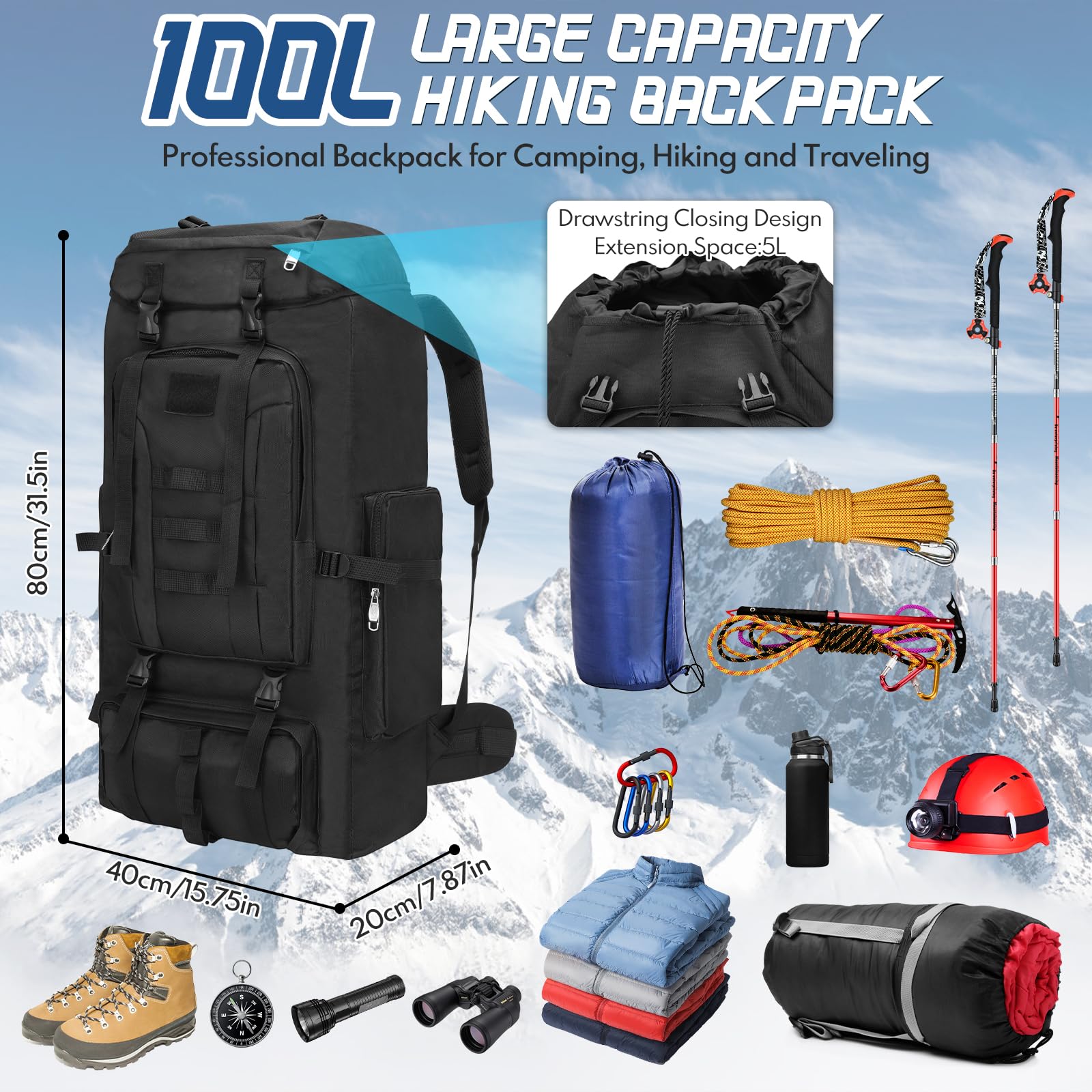 Sac à Dos Trekking Camping 100L Imperméable avec Housse de Pluie pour Randonnée Voyage