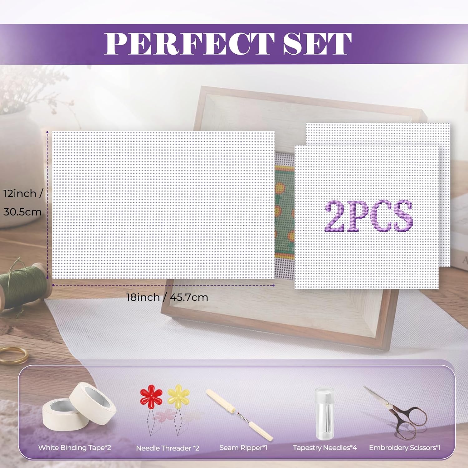 12x18 Inch Needlepoint Canvas (2-Pack, 14-Mesh) - White Blank Fabric for Embroidery & Needlework