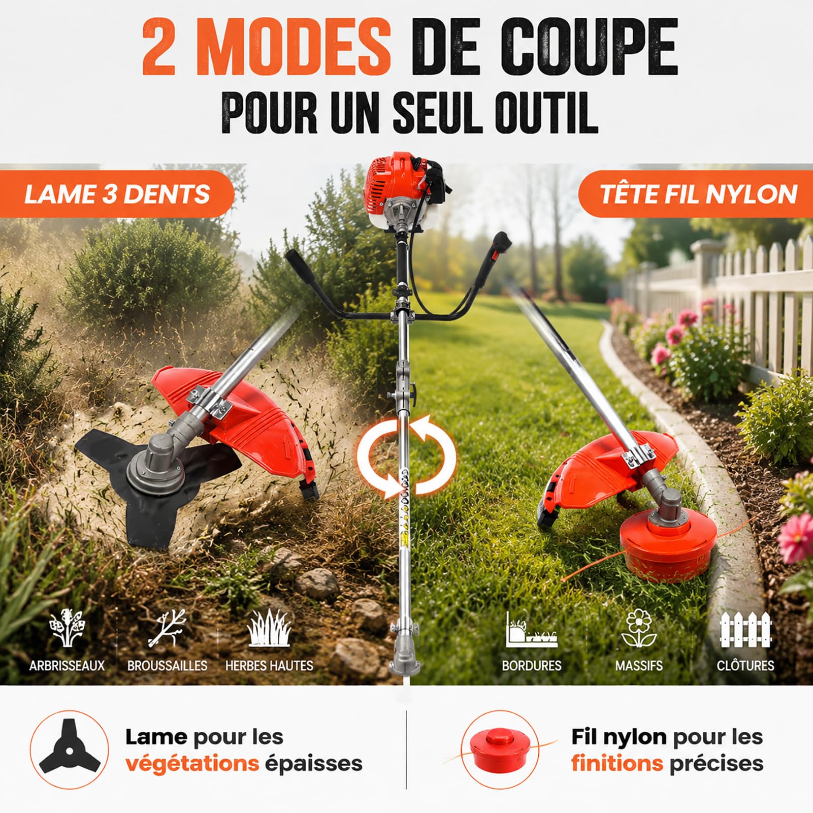 Débroussailleuse Thermique 52cc Essence 2 en 1 avec Lame et Fil