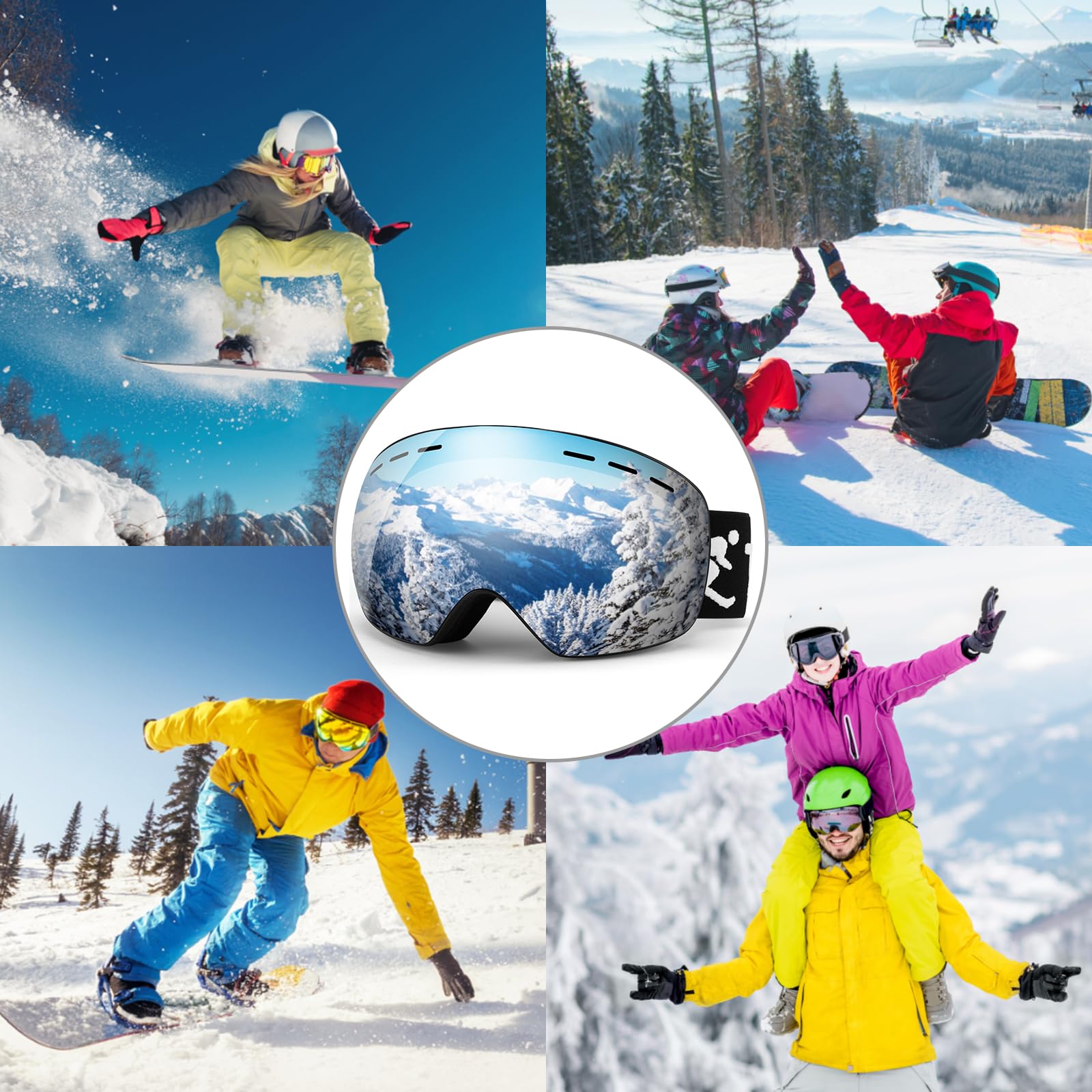 Lunette de Ski Sphérique Anti-UV Anti-Buée Coupe-Vent OTG Ajustable Compatible Casque Snowboard