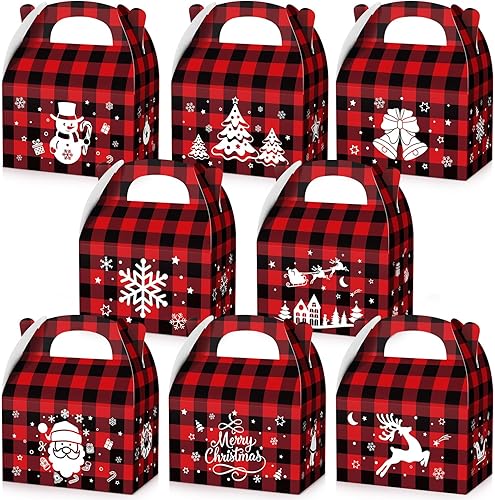 TaoBary 24 cajas de galletas de Navidad, cajas de dulces a cuadros de Navidad con asas, cartón 3D, bolsa de regalo de Navidad con impresión vibrante