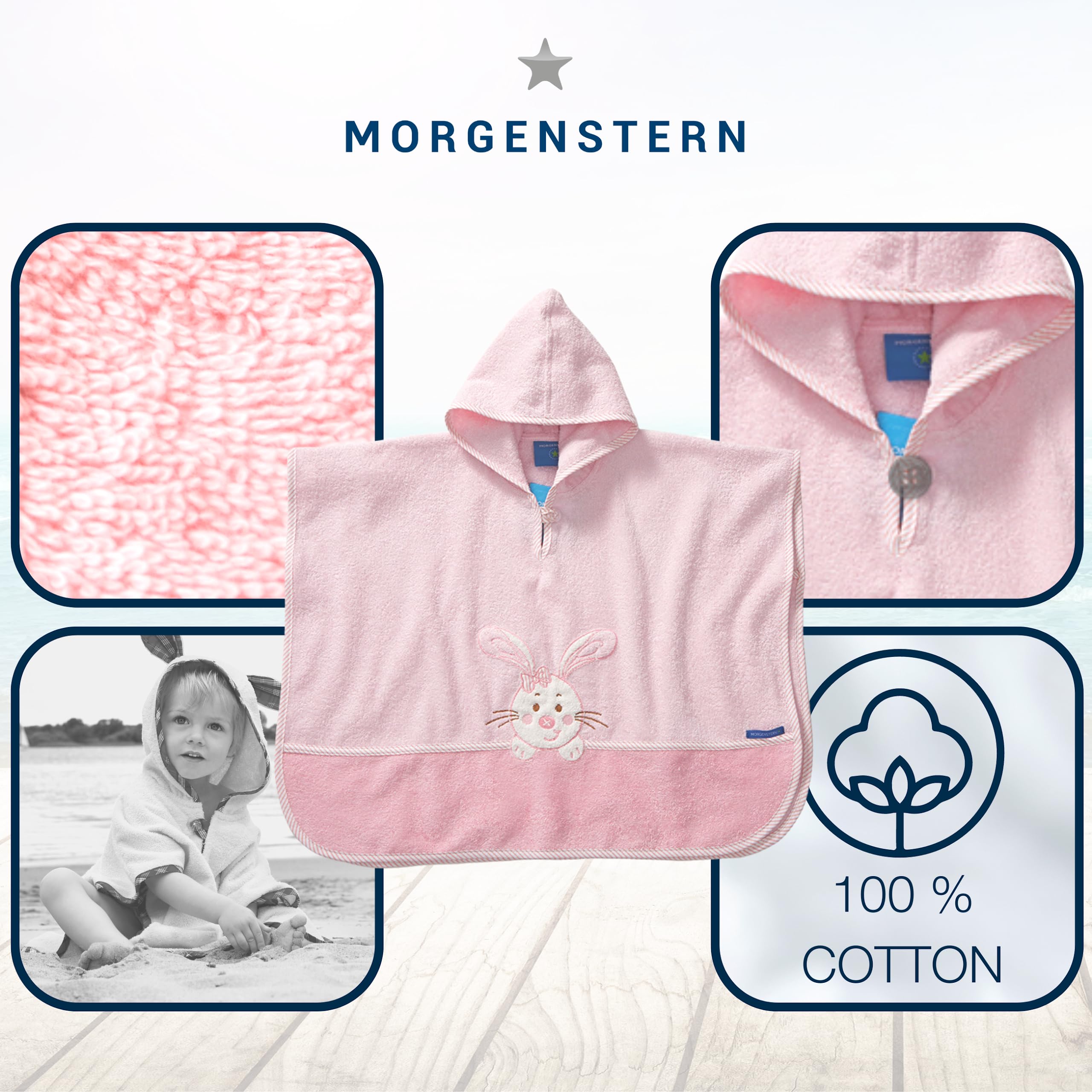 Morgenstern Poncho de baño infantil I bebé I niña I niño I rizo I capucha I 100% algodón Rosa. 1-3 Años