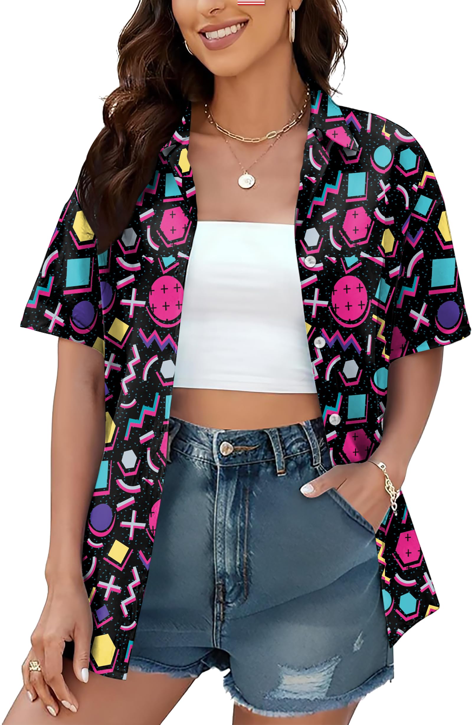 80s 90s Shirts for Women: 80's Neno Disco Party Tshirts 1980s Hawaiian Button Down Blouse Tops