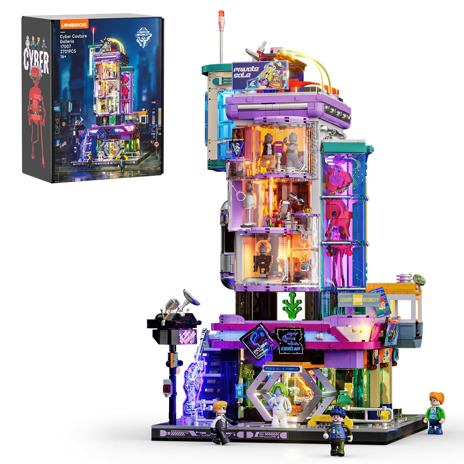 Lumibricks Cyberpunk Body Fashion Shop with Lighting - 22 Light Spots, 2701 Clamping Blocks, Futuristic Fashion House with Capsule Lift, Cyberpunk City Series for Adults