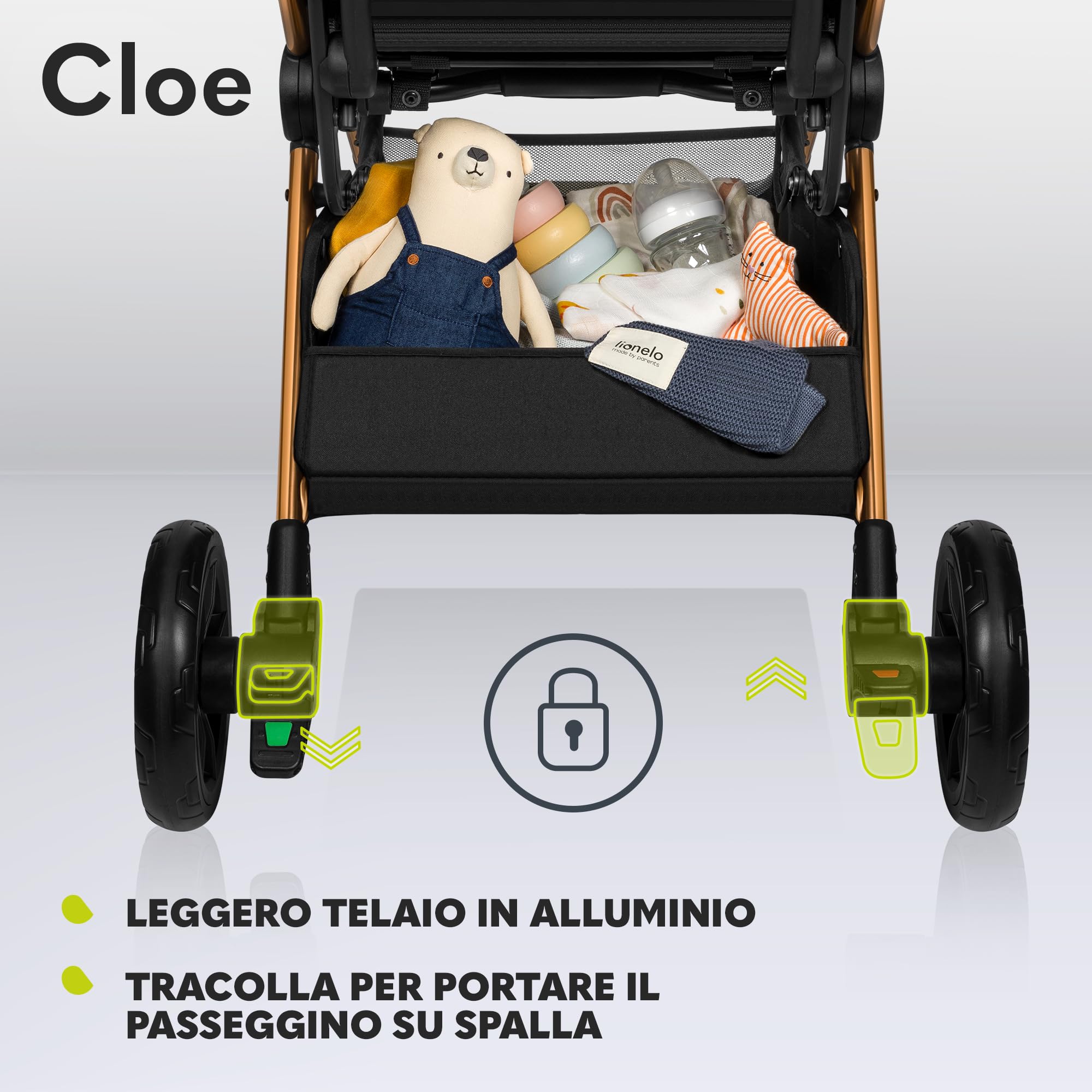 LIONELO Cloe Passeggino Leggero e Pieghevole per bambini da 6 a 48 Mesi | Passegino Compatto fino a 22 kg, Schienale Reclinabile, Posizione Distesa, Cinture a 5 Punti, Ruote XXL, Zanzariera