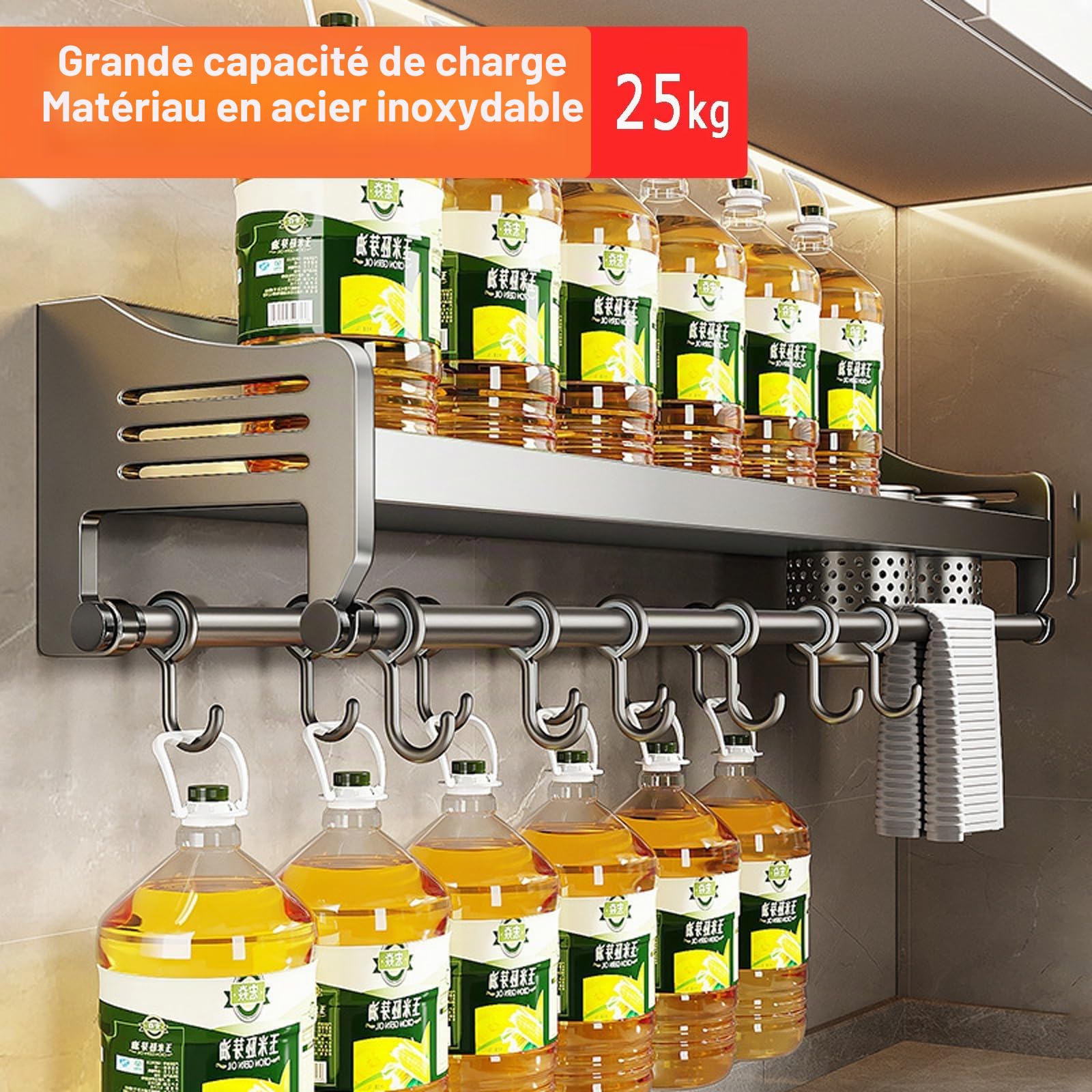 Etagere a Epices Murale Étagère Murale à Épices avec Porte-Sopalin Rangement Épices Cuisine Moderne - Étageres Murales de Cuisine Robustes,Gris,50cm 2cups