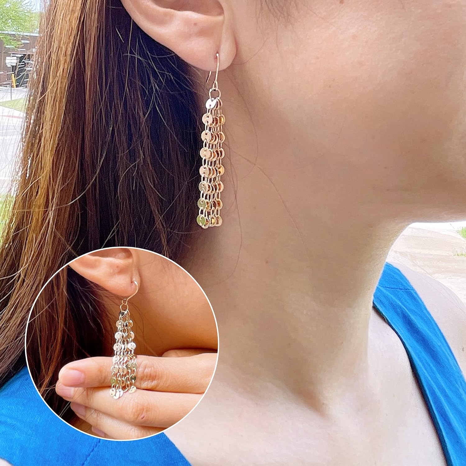 Bohemian Boho Sequin Chain Tassel Drop Earrings – Lightweight Chandelier Disc Coin Gypsy Long Dangle Statement Fringe Earrings – with Gift Box included - Image 4