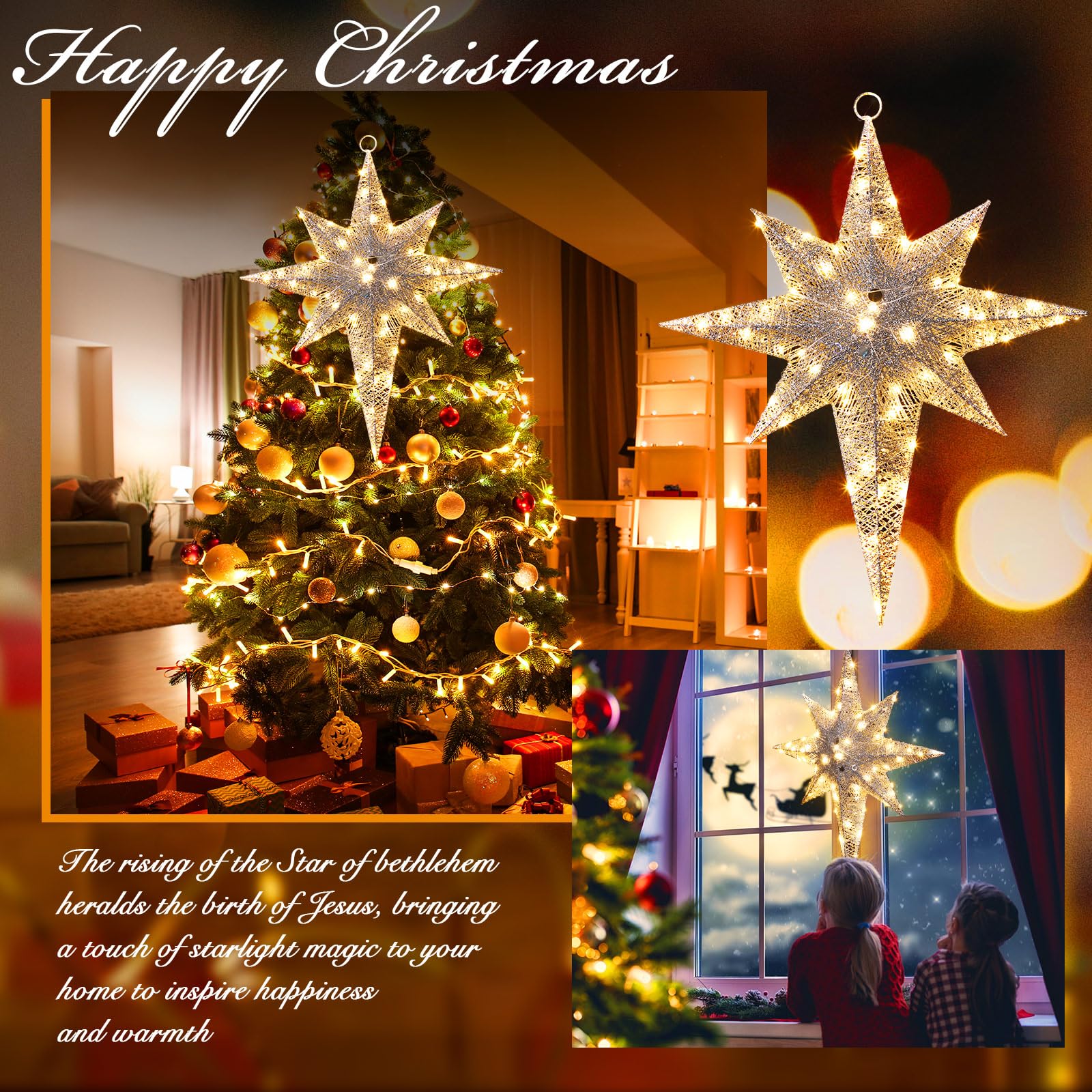 Retisee Estrella de Belén con purpurina de Navidad de 24 pulgadas, luces LED grandes para exteriores, luces de Navidad para colgar al aire libre, estrella de Navidad iluminada para patio, porche