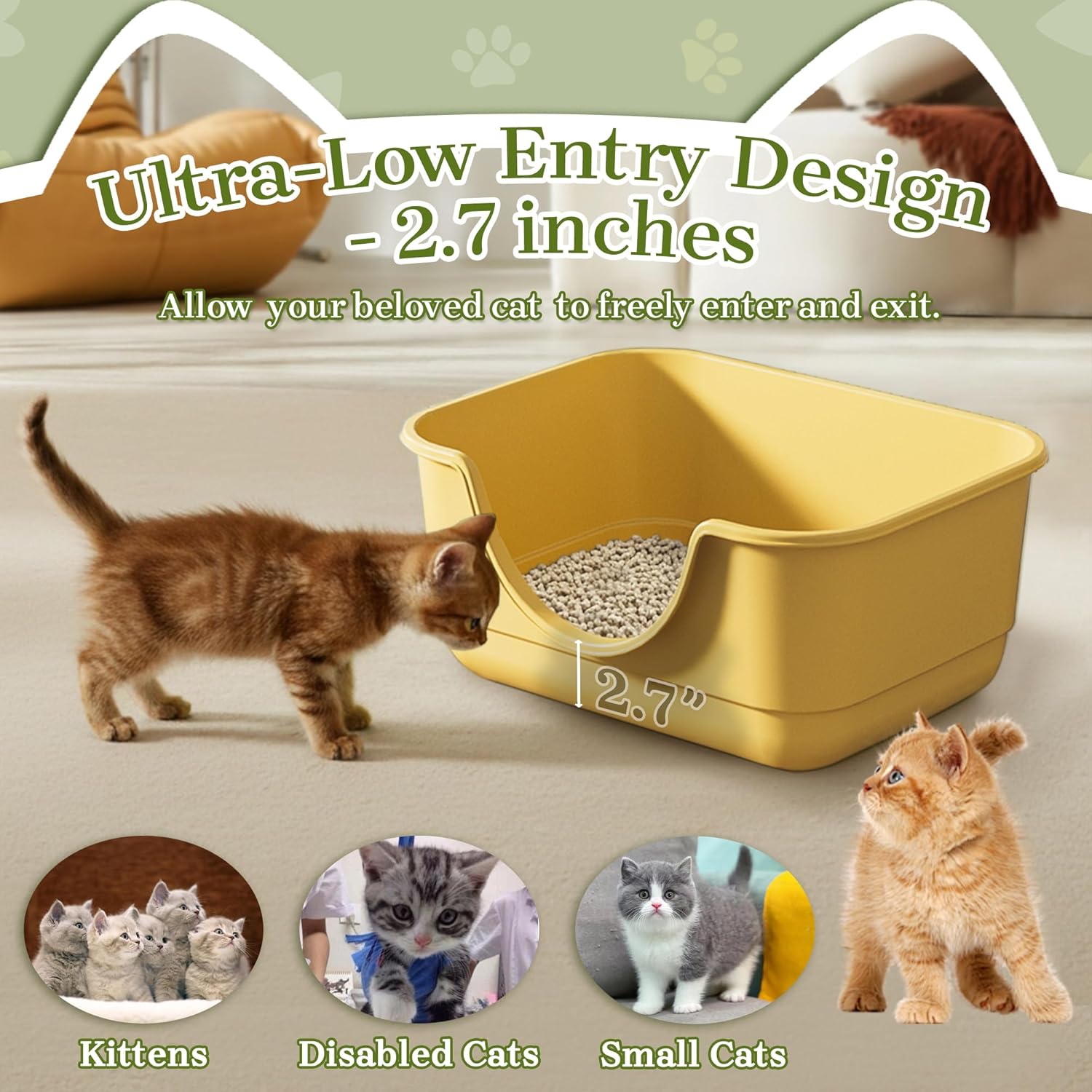 2 Pack Low Entry Small Litter Box for Kittens, Kitty Plastic Litter Boxes, Open Top, Anti-Splash High Sided Litter Tray Pan for Medium Pets, Puppy, Easy to Clean, 15.7"L*11.8"W*6.7"H (Yellow)