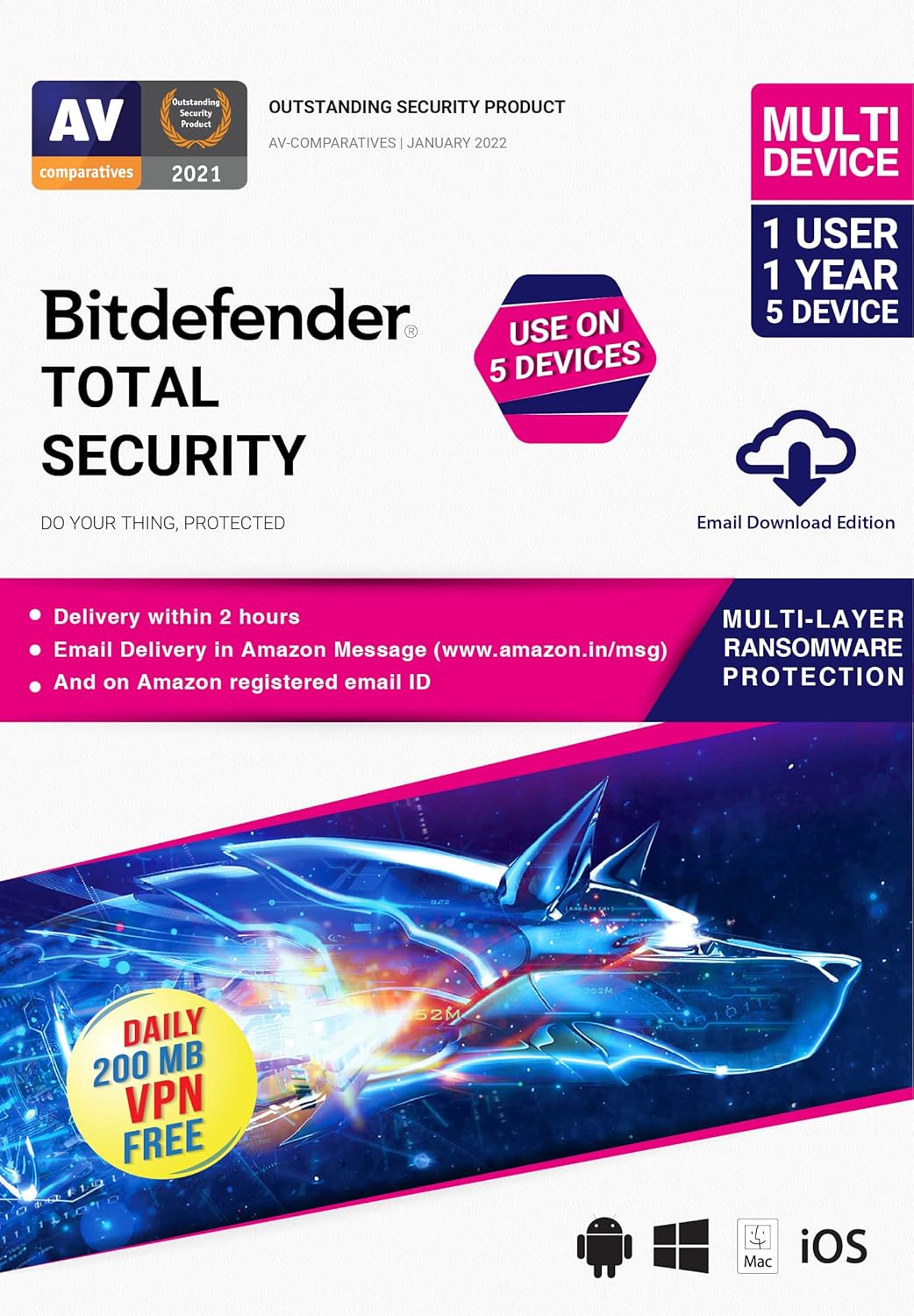Bitdefender 1 User, 1 Year, 5 Device – Total Security | Windows | Mac | Android | iOS | Latest Version |(Single Activation Code) – [Email Delivery in 2 hours – No CD]
