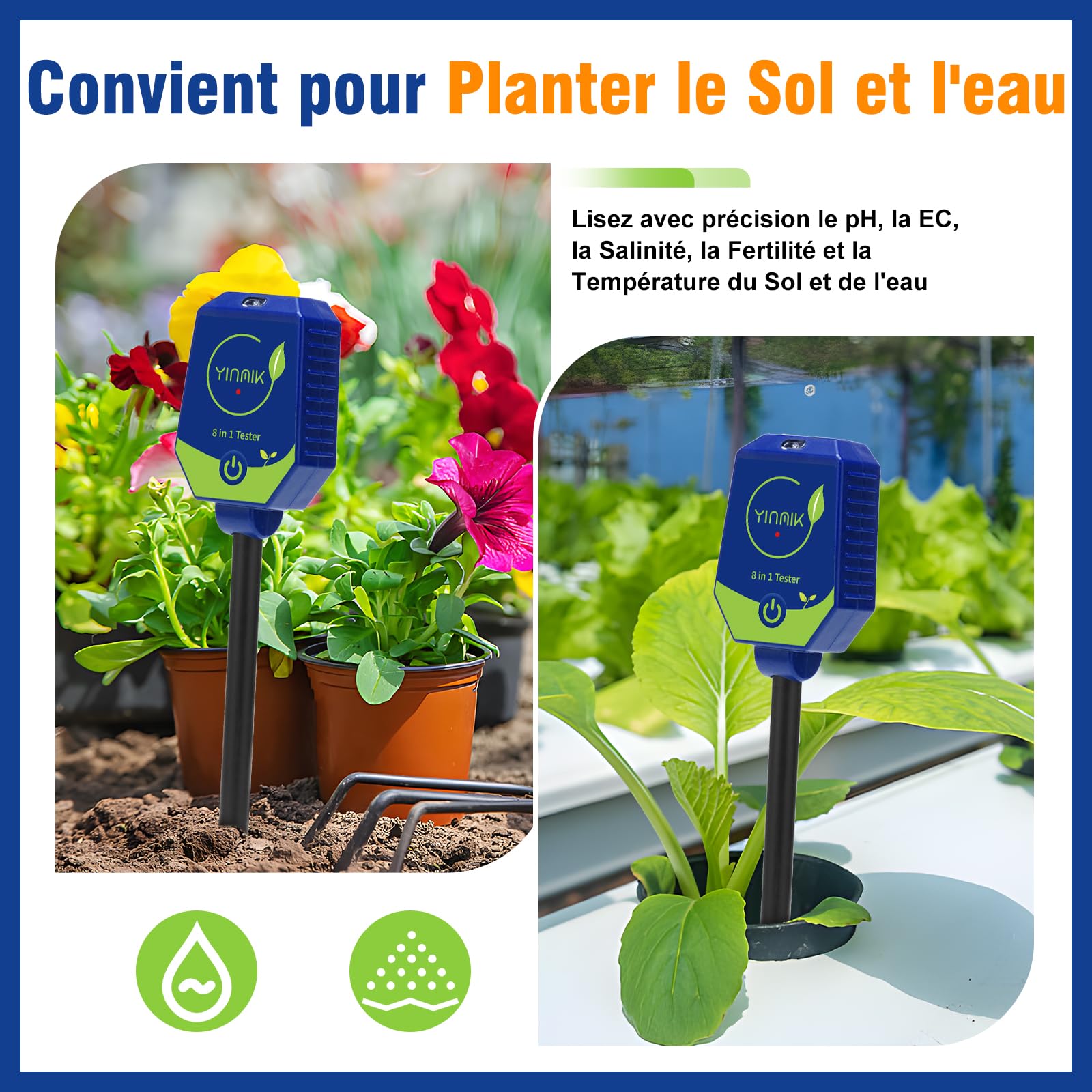 YINMIK Kit test 8 en 1 pour pH et la fertilization du sol | pH-Mètre ,testeur de conductivité, mesure de l’humidité, de la EC, de la salinité, de la luminosité, de la fertilité,Temp