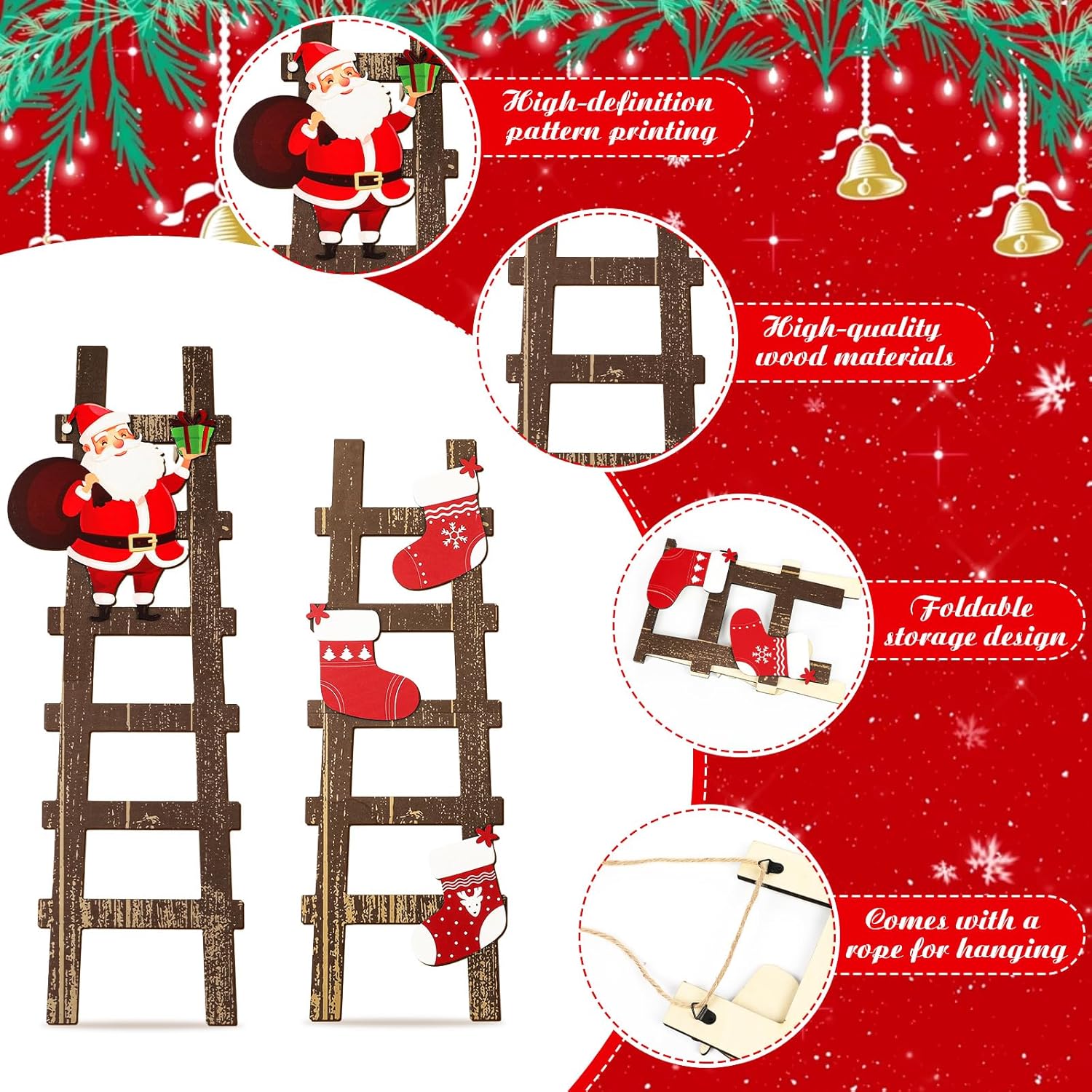 Novabright 3 Pcs Climbing Santa Ladder Wooden Ladder Decor Indoor Christmas Wall Decor for Christmas Interior Party Decoration, Home Decoration 31 in, 27 in, 22.5 in