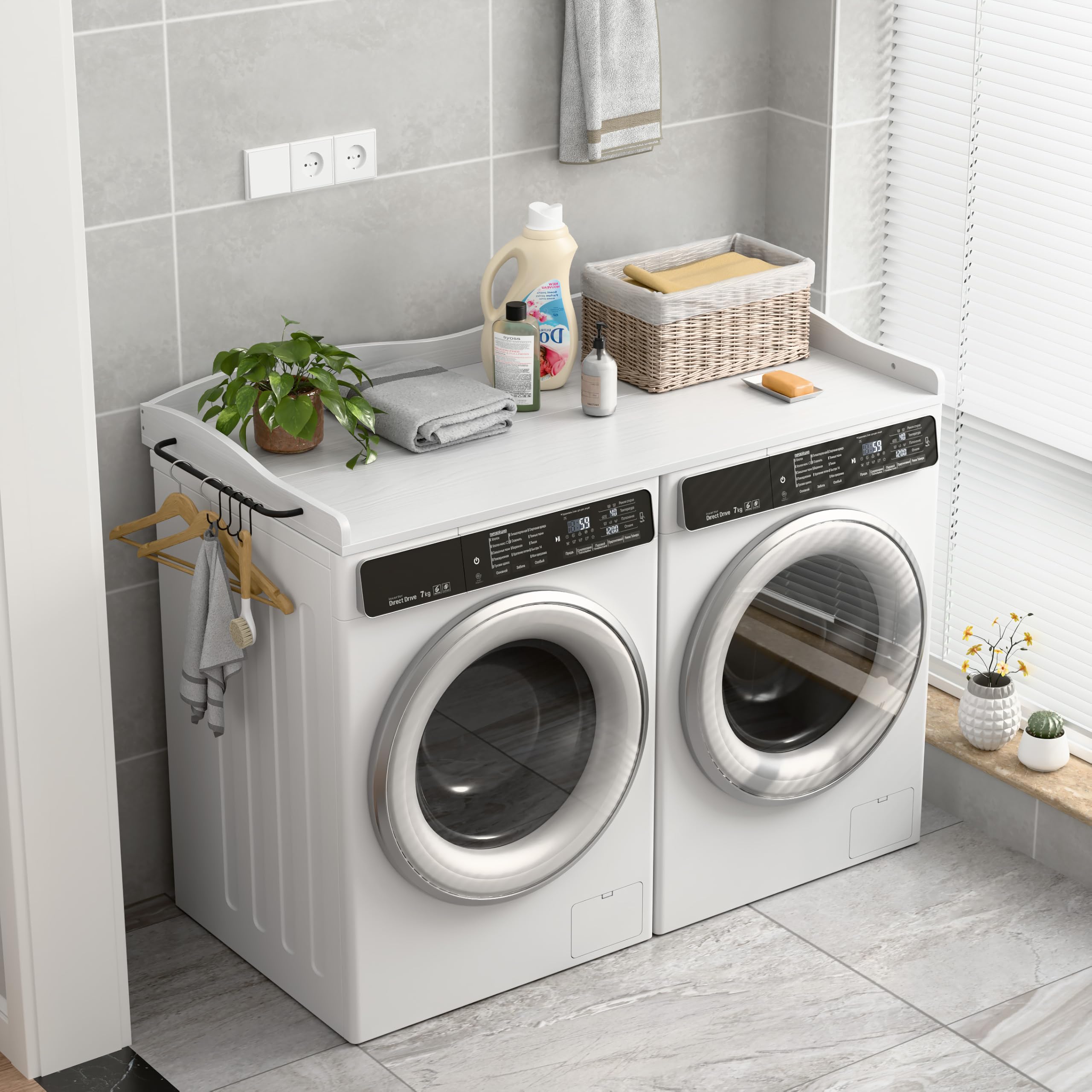 Washer Dryer Countertop, Wave Design Laundry Organizer with Side Hanging Rod &amp; Hooks, Washer Top Shelf for Folding Clothes and Storage