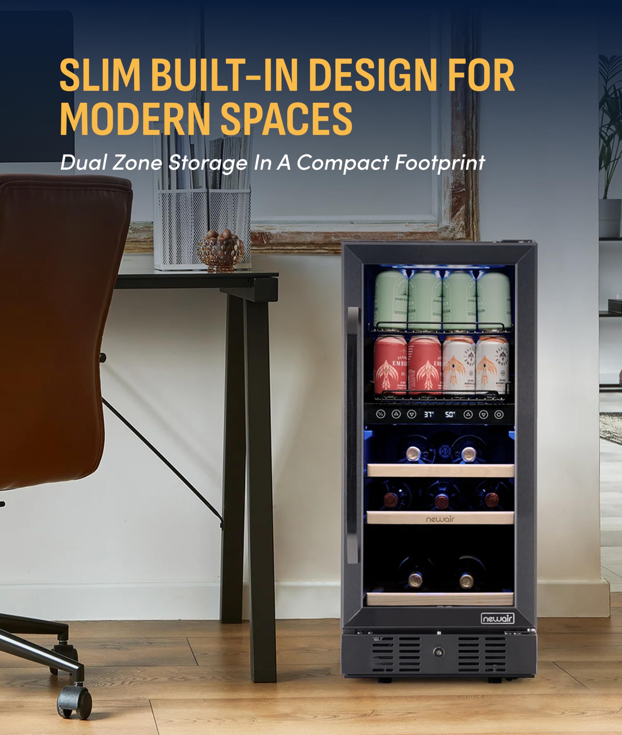 NewAir 15" Wine And Beverage Refrigerator 9 Bottle And 48 Can Capacity, Beverage Cooler In Stainless Steel, Built-In Or Freestanding Dual Zone Drink Fridge With Triple-Pane Glass Door on Fridge.com - View 2