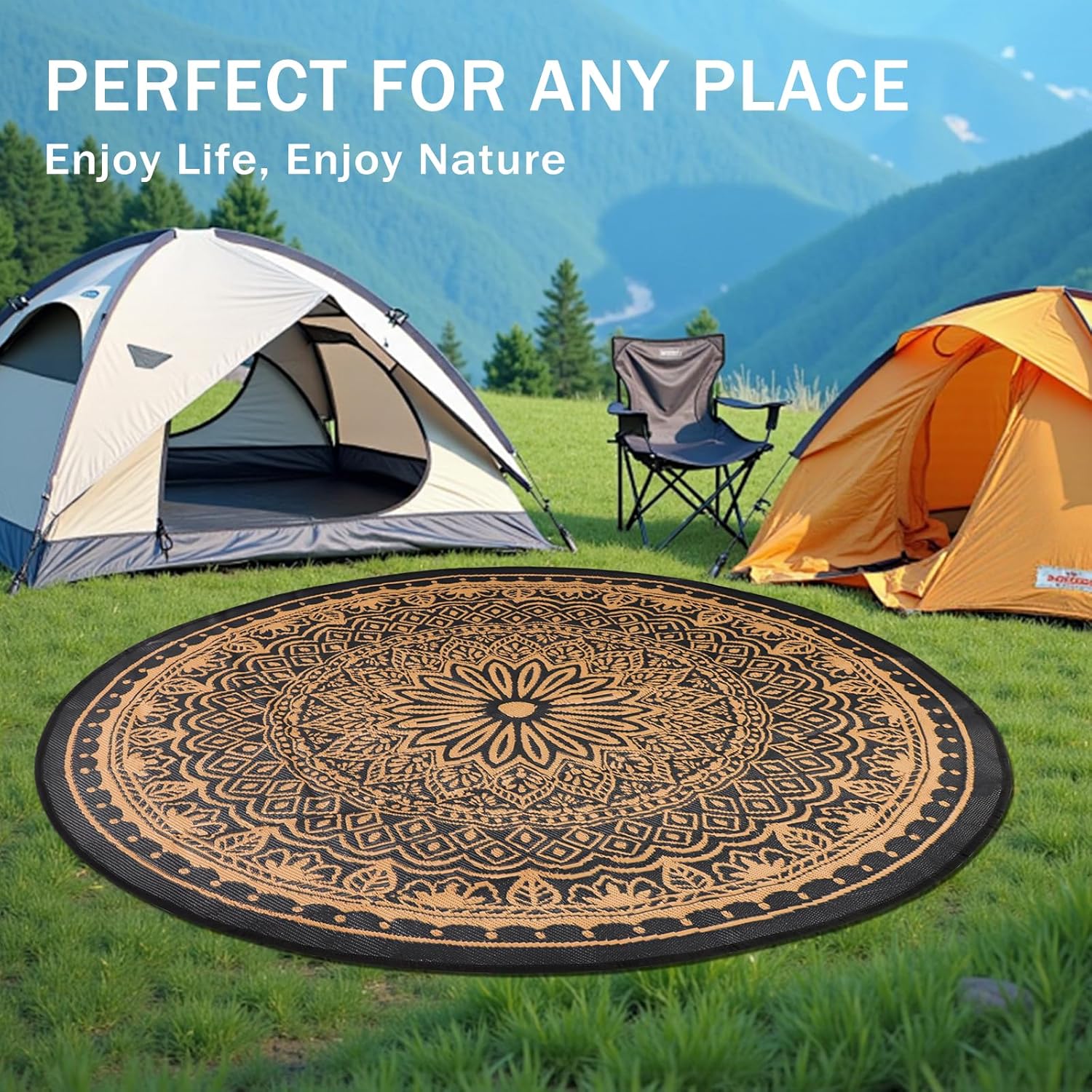 Round Outdoor Rugs 8Ft Waterproof, Outdoor Reversible Mats, Lightweight Plastic Straw Rug, Portable RV Camping Mat Floor Carpets for Deck Porch Picnic Beach Garden, Black/Camel