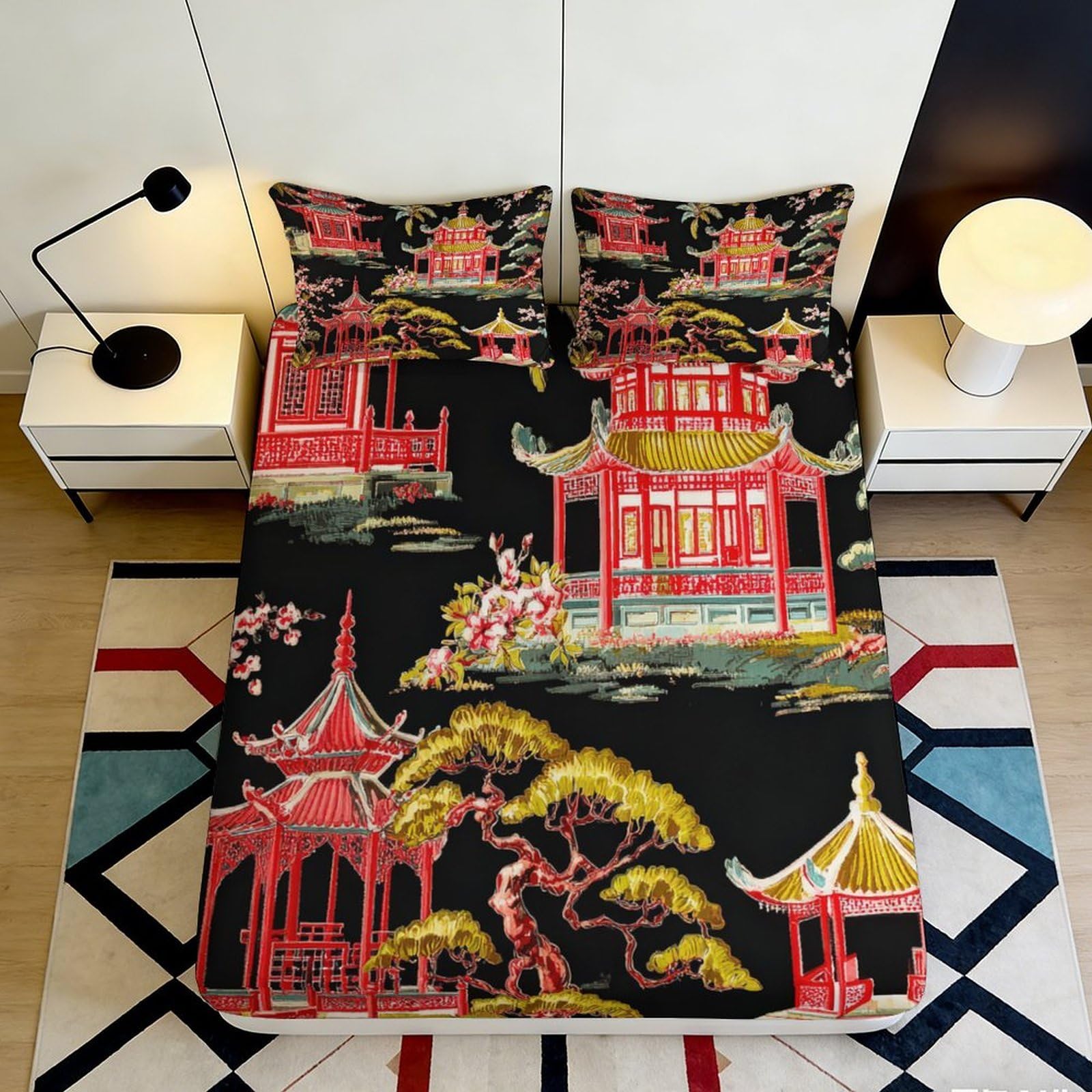 3D Printed Oriental Pagoda Fitted Sheet Microfiber Soft Black Floral Pavilion Mattress Cover Bedroom Decor 90x200x25cm