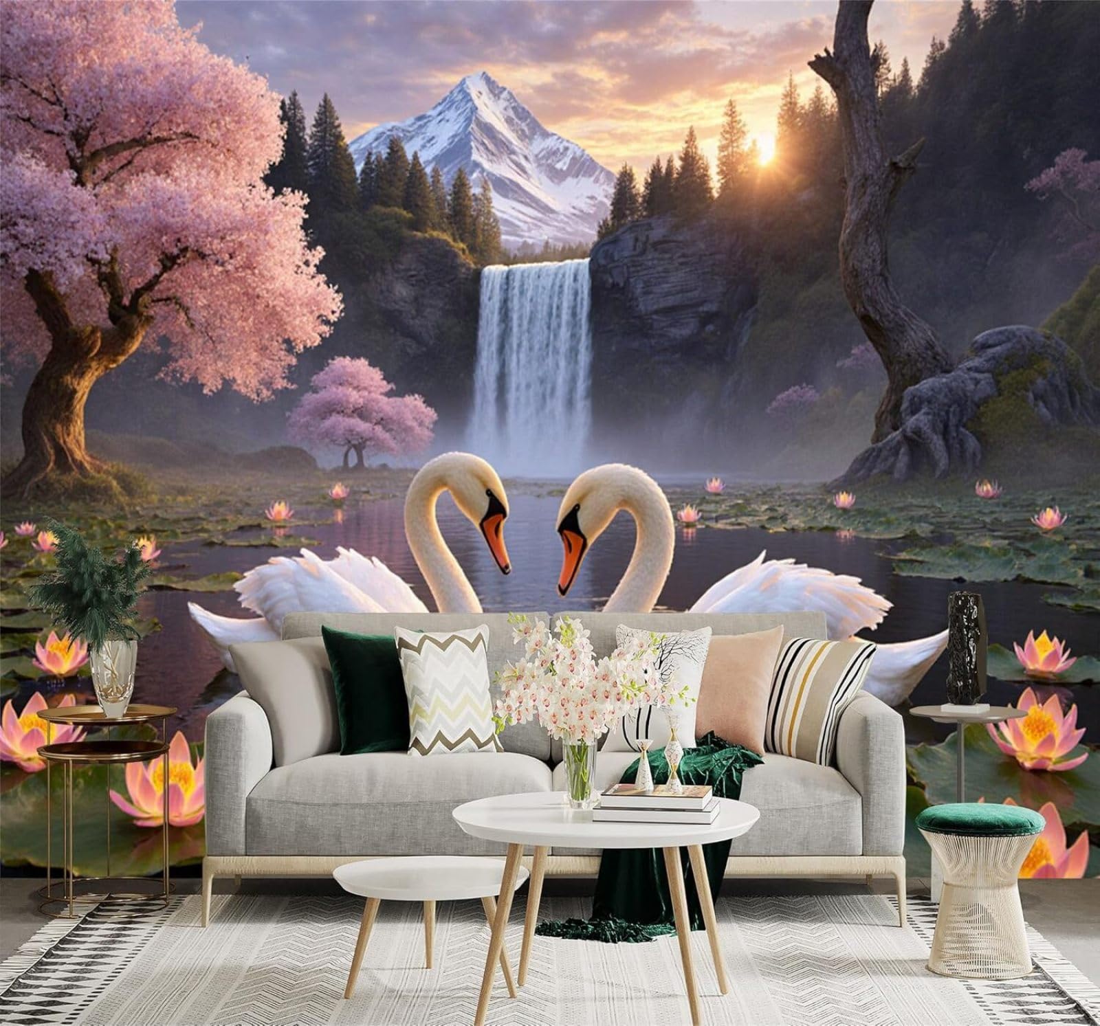 XLMING Romantic Swans Lotus Flowers Waterfalls Cherry Blossoms 3D Wallpaper Premium Textured Silk Study Dining Living Room Bedroom Sofa TV Wall Easy Install-250cm×170cm