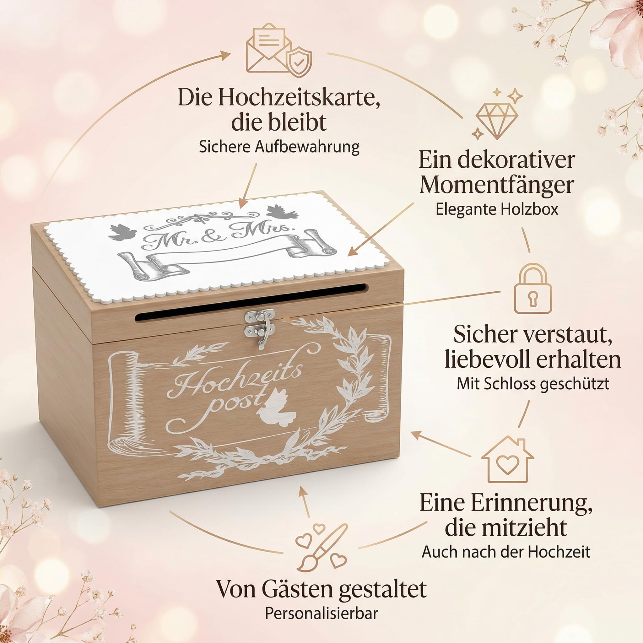 MIJOMA Hochzeitsbriefkasten aus Holz – Kartenbox für Geldgeschenke & Glückwünsche – Hochzeitspost Box mit Schlitz & Schloss – Dekoration & Erinnerungsbox für das Brautpaar