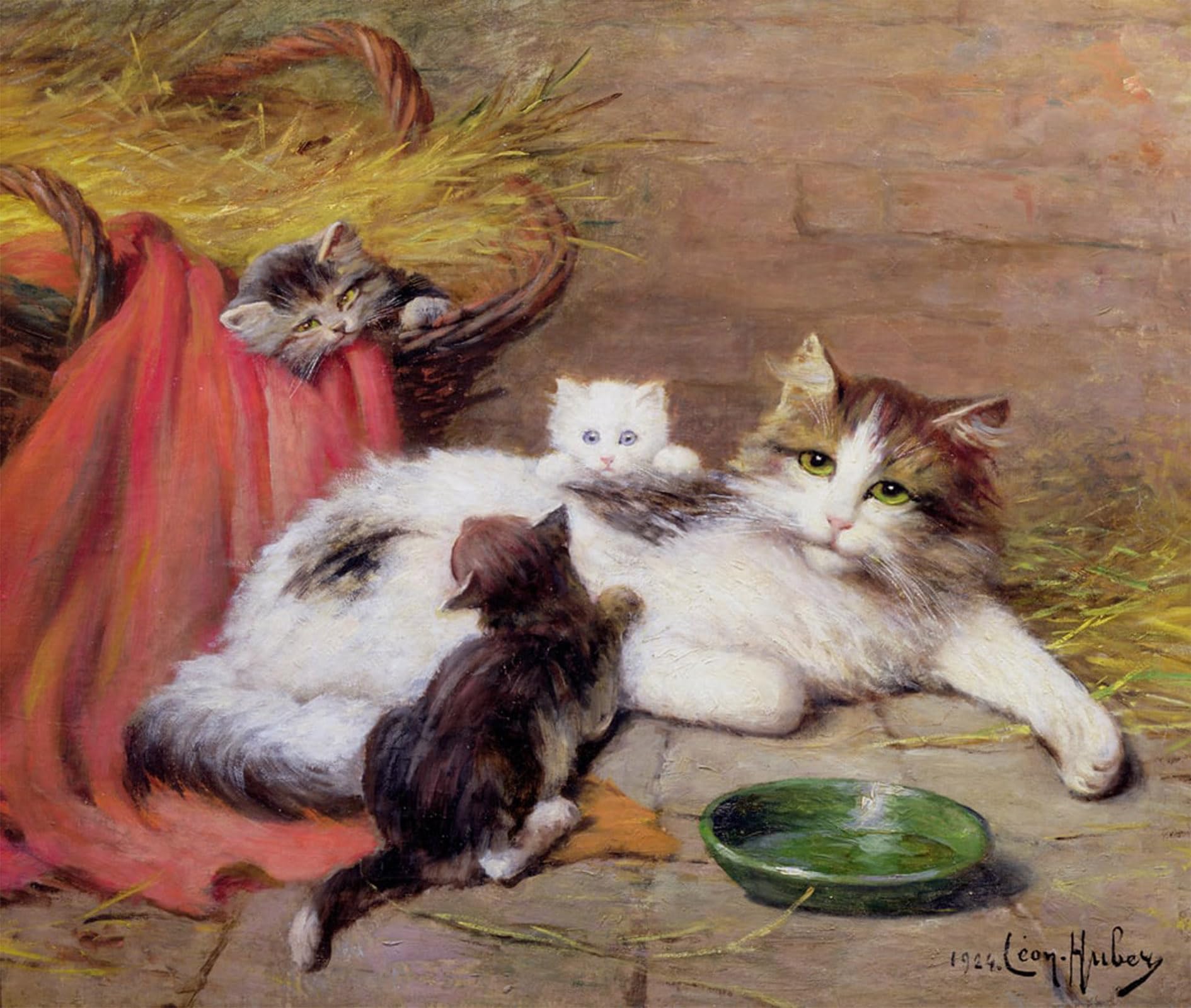 ARTXLXXBN Famous Art Print Poster Vintage Wall Art Cat with Kittens by Leon Charles Huber Canvas Art Poster for Home Decor 60x90cm