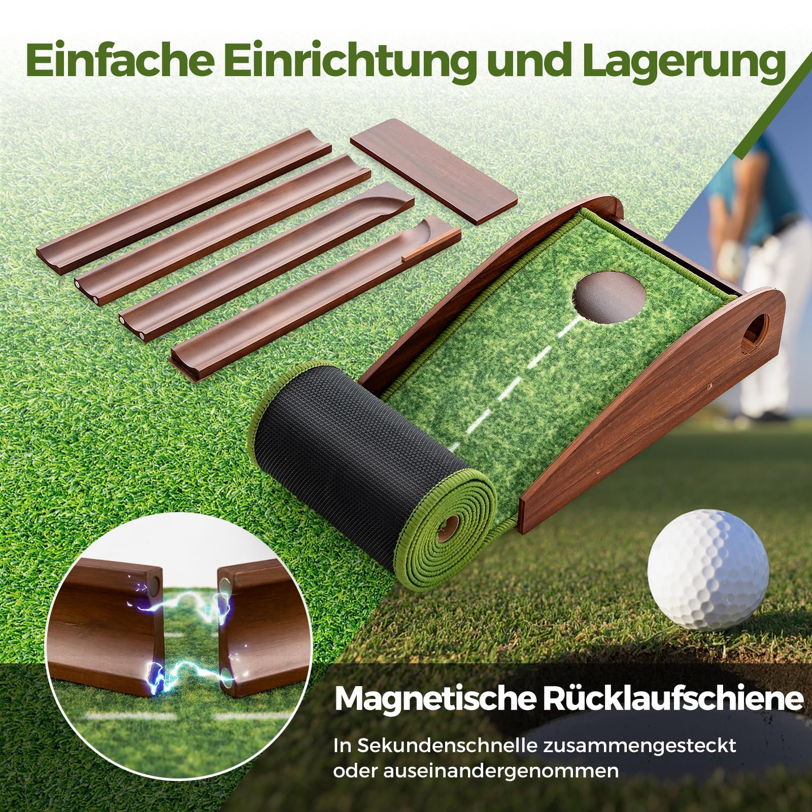 COSTWAY Golf Puttingmatte, Golfmatte mit 1/2/3 Löchern, Auto Rückkehr Übungsmatte mit 3 Golfbällen & Kunstrasen, Putting Trainer Indoor Outdoor für Anfänger, Profis