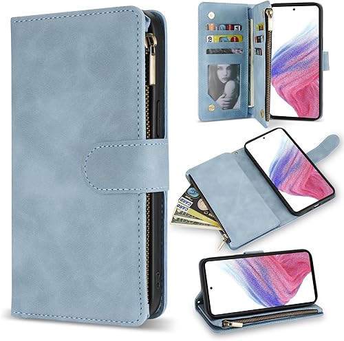 ZZXX Funda para Samsung Galaxy A53 5G con ranura para tarjeta de bloqueo RFID, piel sintética suave de alta calidad, con cremallera, con correa para