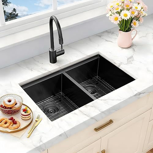 Vista 114 de LQS Fregadero de cocina dorado de 31 pulgadas, fregadero de cocina de acero inoxidable 50/50 de 31 x 18 pulgadas, fregadero de cocina de acero