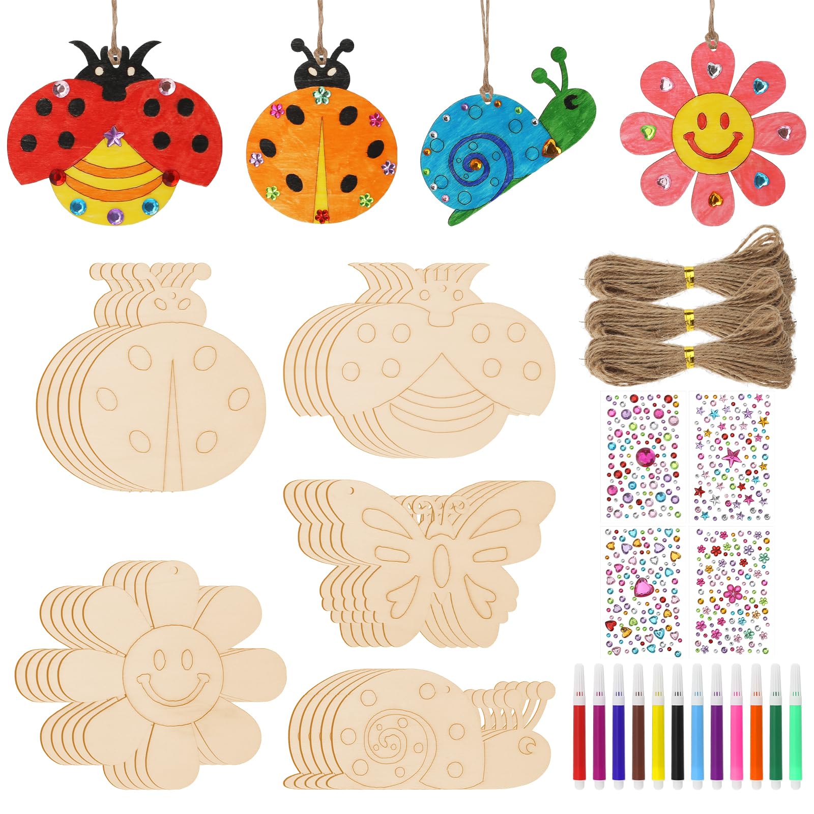 GIDWRIY Lot De 57 Kits De Bricolage Pour Enfants,Pendentif En Bois à Peindre ,Bricolage En Bois A Suspendre,Activité Manuelle Anniversaire,Kit Loisir Creatif Enfant Avec Stylo Aquarelle, Autocollants