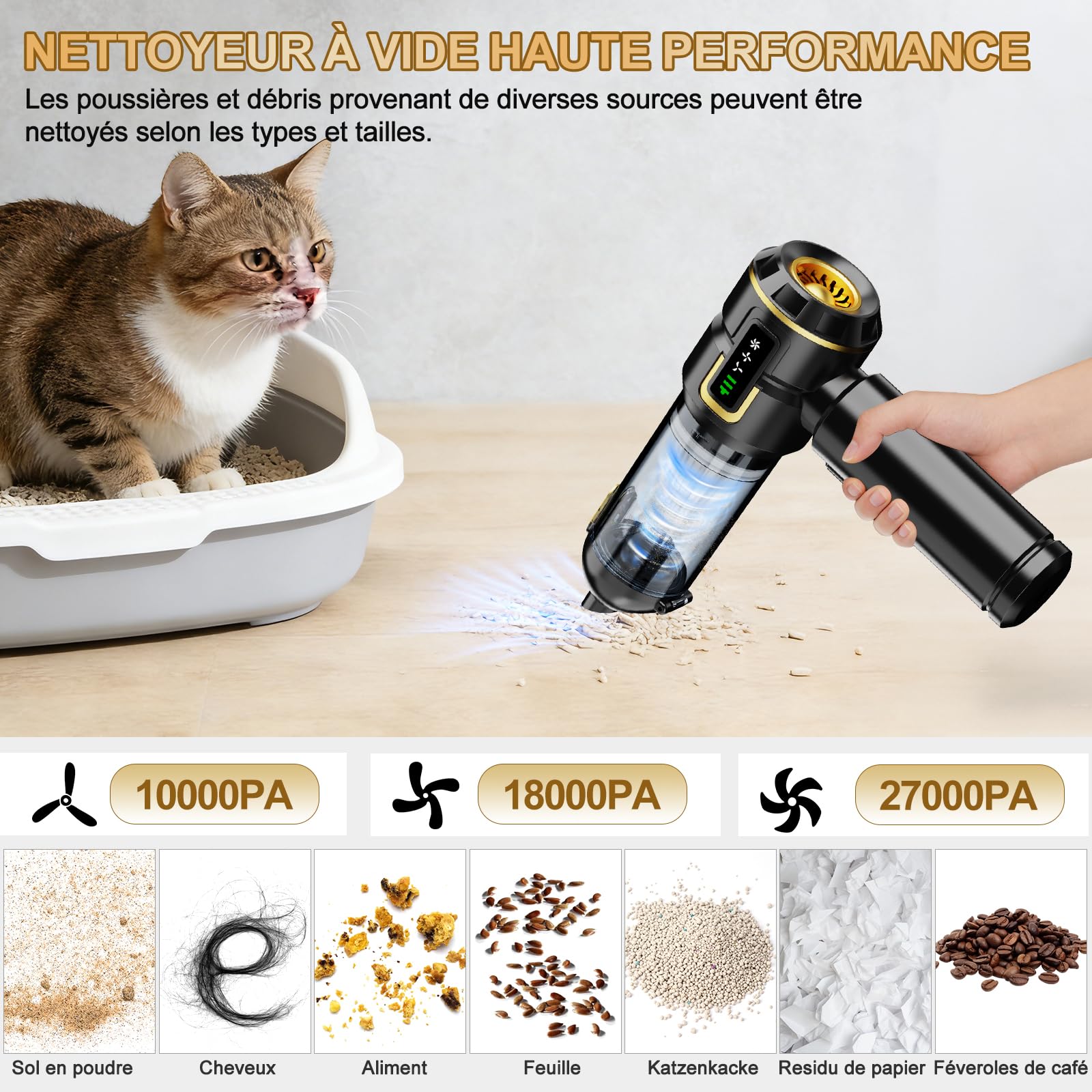 Weetiee Aspirateur à Main, 27000Pa Aspirateur Voiture Puissant avec Affichage LED, Aspirateur Rechargeable Moteur sans Balai 3 Vitesses, Aspirateur à Main sans Fil 4-en-1 pour Voiture Maison Poils d'A