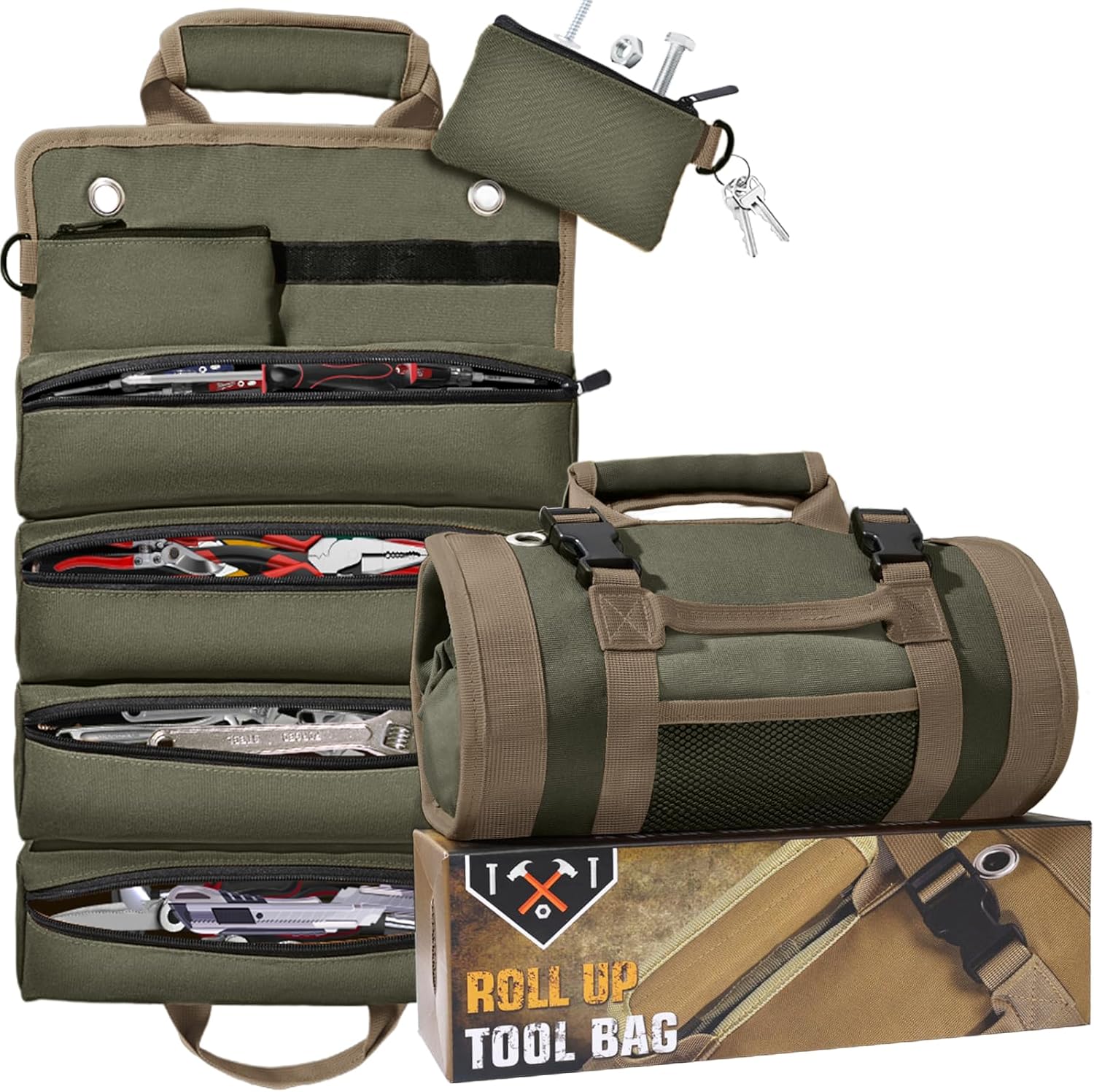 QcoQce Heavy Duty Oxford Tool Roll, Waterproof Durable Tool Bag with 6 Pockets, Tool Organizer for Garage, Vehicle Maintenance, Home Repairs, Portable Roll Up Tool Bag Gift for Men