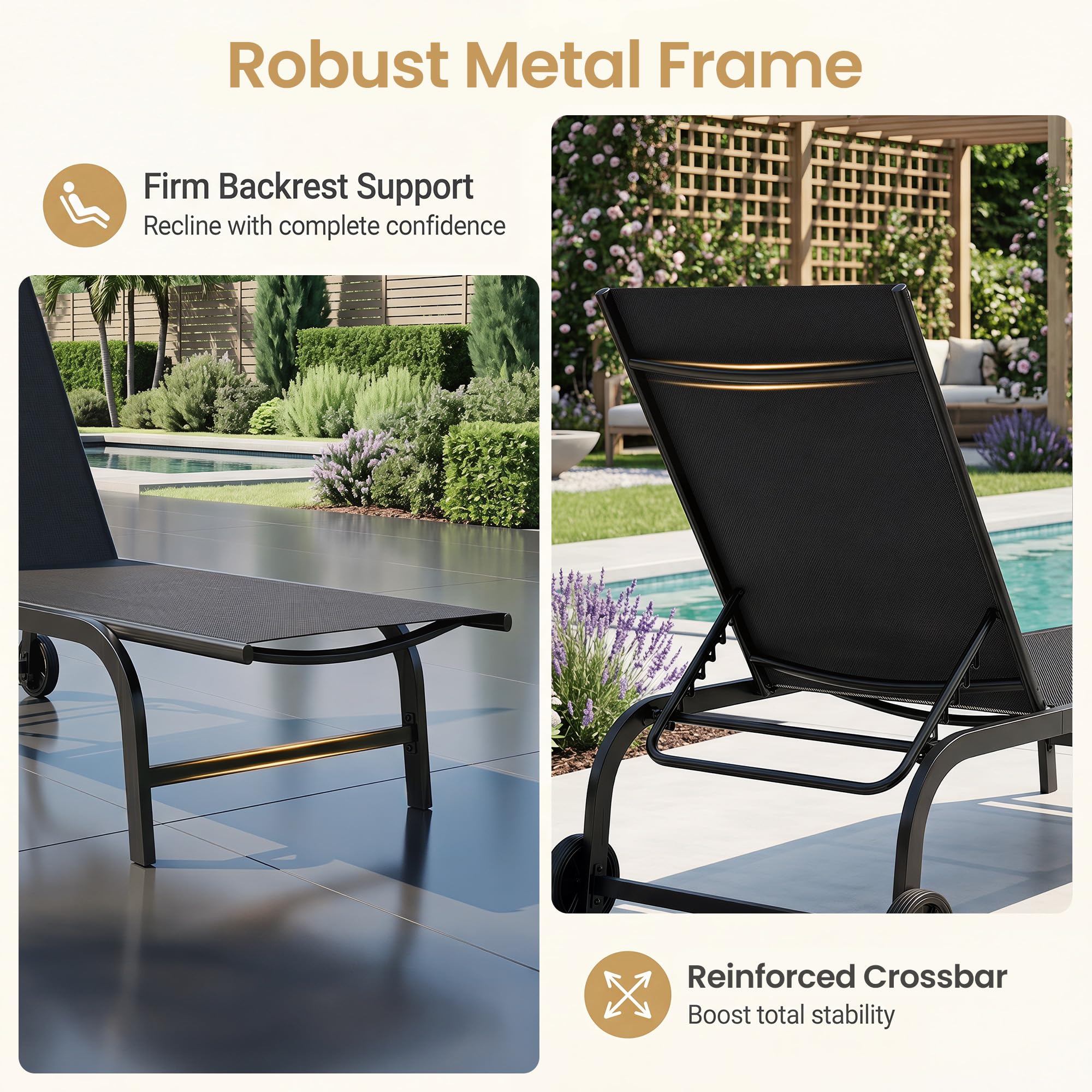 KOMFOTTEU Juego de 1/2 Tumbona de Jardín con Ruedas, Tumbona de Tela con Respaldo Ajustable en 6 Posiciones, Silla Reclinable de Exterior, Carga 150 kg, para Balcón, Terraza, Piscina (Negro x 1)