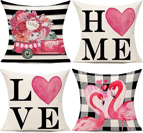 VAKADO Juego de 4 fundas de almohada decorativas para el día de San Valentín de 18 x 18 pulgadas, fundas de almohada de flamenco, a cuadros, diseño