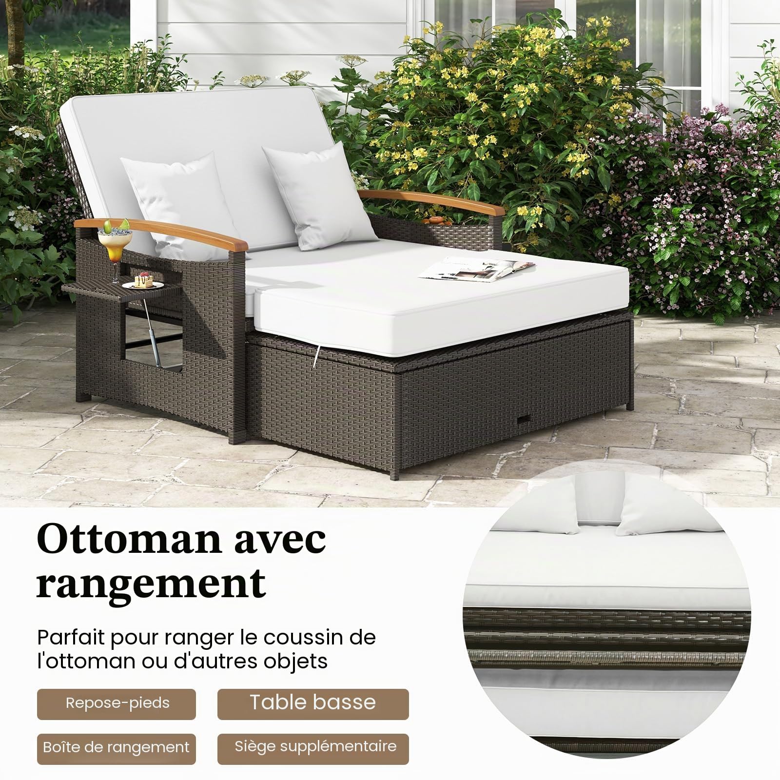 GIANTEX Canape Exterieur Jardin en Rotin PE, Ottoman de Rangement, Accoudoirs en Bois d'Acacia, Dossier Réglable, Tables d'Appoint Rétractables, Coussins Doux, pour Porche, Patio, Marron+Blanc