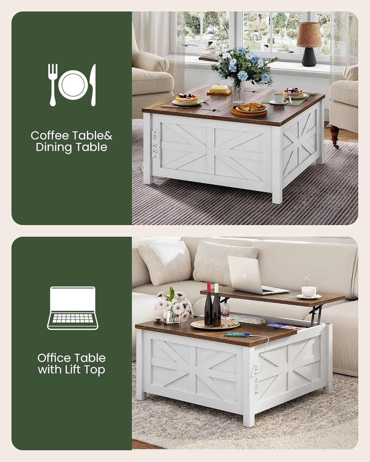 31.5" Lift Top Coffee Table, Farmhouse Coffee Table with Charging Station and Storage, 2 AC Outlets and 2 USB Ports, White and Walnut MKF02UWAN1