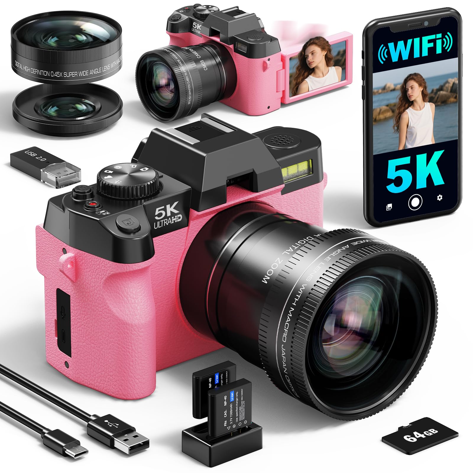 5K&64MP Digital Cameras for Photography&Video, Vlogging Camera for YouTube, Compact Camera with 64GB TF Card, WiFi,and Wide-Angle & Macro Len, AUTOFOCUS 16X Zoom for Entry-Level User, Beginners（Pink）
