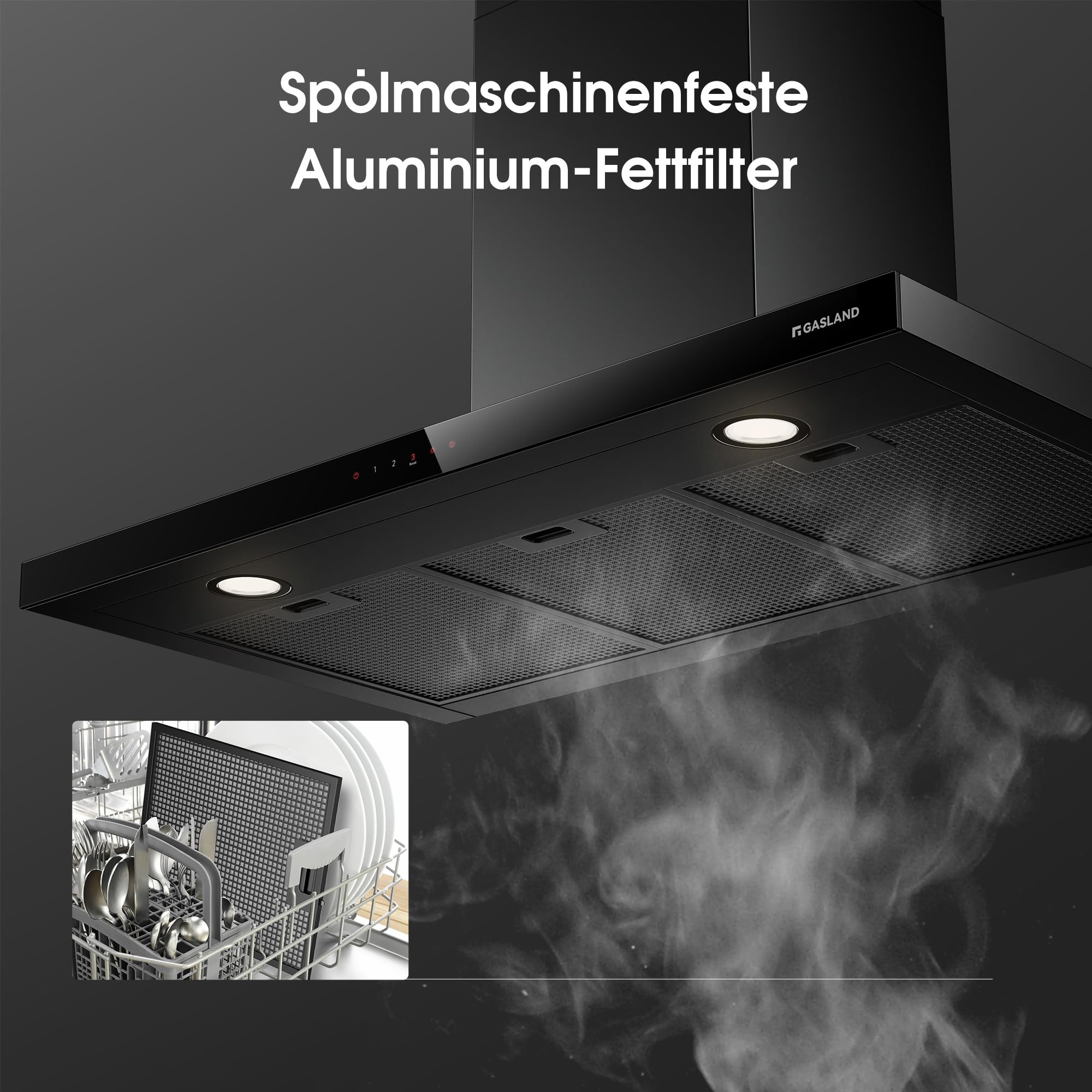 GASLAND TR90BS A++ okap kuchenny obieg 90 cm, okap ścienny 881 m³/h z filtrem węglowym CF176, obsługa dotykowa, 4 stopnie wraz z wzmacniaczem powietrza wylotowego, montaż ścienny, okap kuchenny