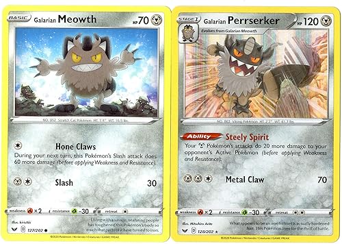 Miniatura 1 de Pokemon Juego de evolución de espada y escudo  Galarian Perrserker & Meowth  128202  Lote de 2 cartas raras
