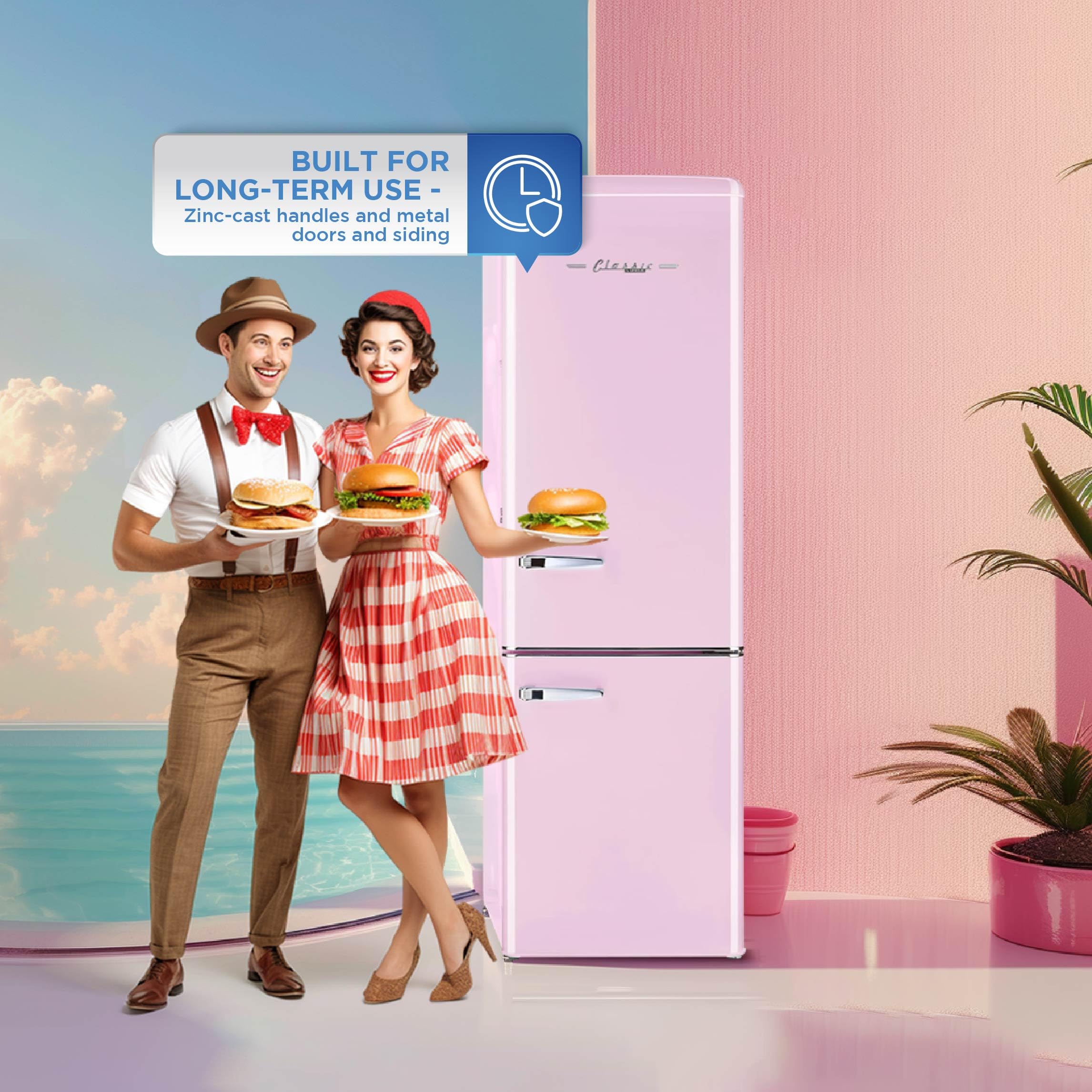 Unique Appliances Classic Retro Refrigerator, 9 Cu./Ft. Electric Bottom-Mount Fridge, Metal, Sliding Non-Reversible Doors, Ideal For Fresh And Frozen Foods, Bubblegum Pink on Fridge.com - View 6