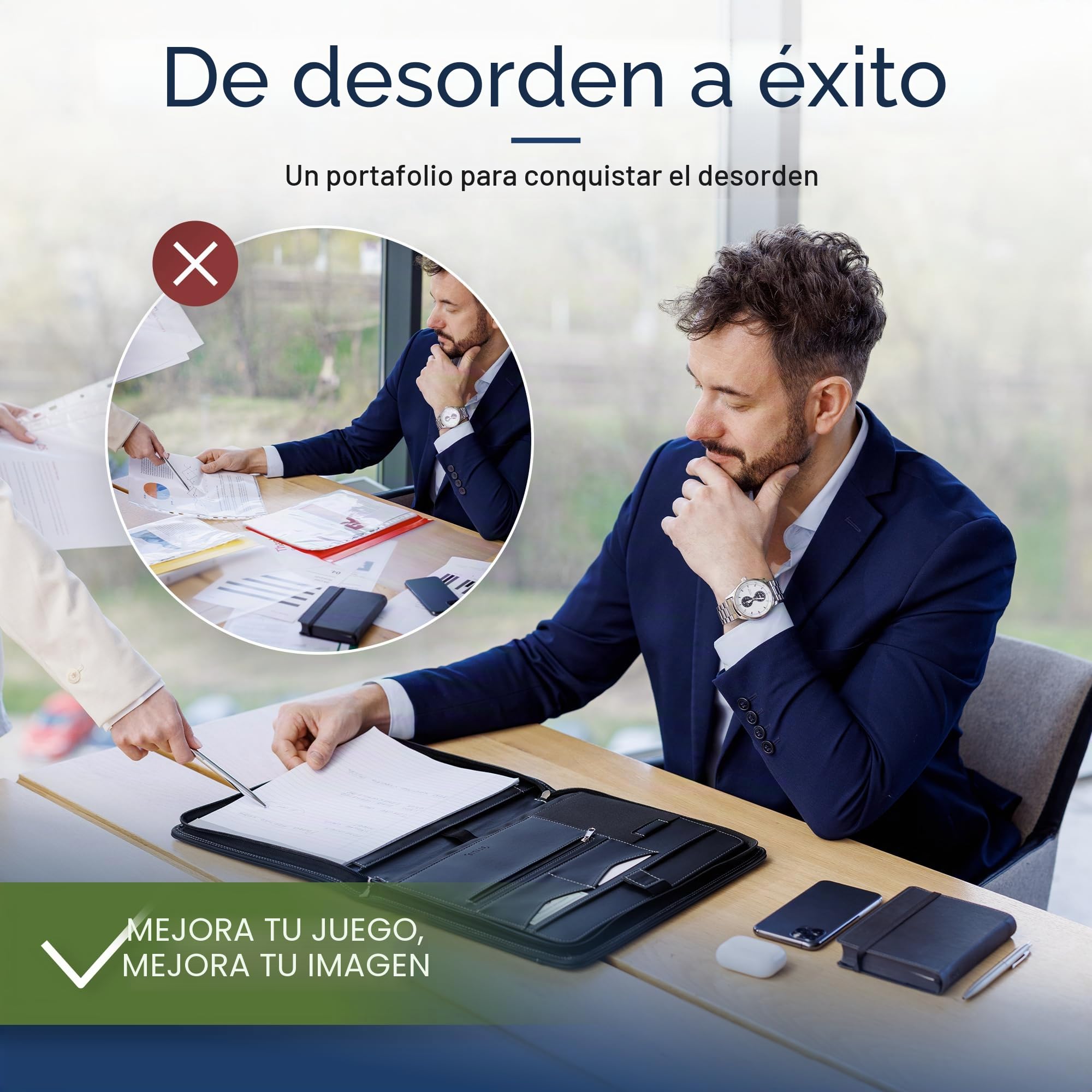 STYLIO A4 Portafolio con Cremallera. Piel Carpeta de Conferencia. Portadocumentos Profesional para Negocios. Viajes Portacuaderno. Organizador para iPad, Teléfono y Tarjetas. Incluye Bloc de Notas