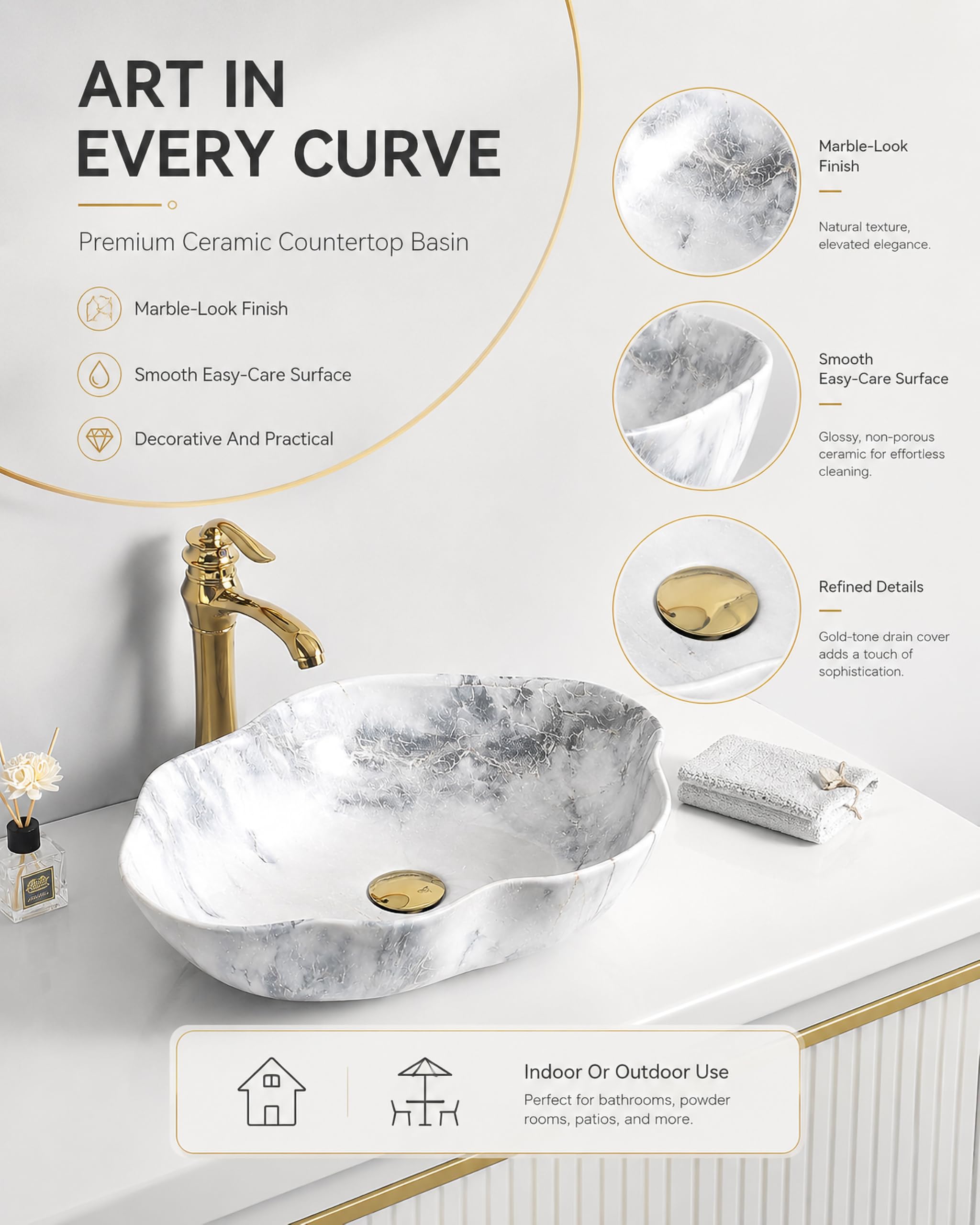 Lavabo da Appoggio in Stile Moderno con Rubinetti per Acqua Calda/Fredda E Scarico Lavandino di Forma Irregolare in Stile Artistico Piccolo Lavabo Appoggio Bianco 50Cm,F,50.5×37.5×14cm